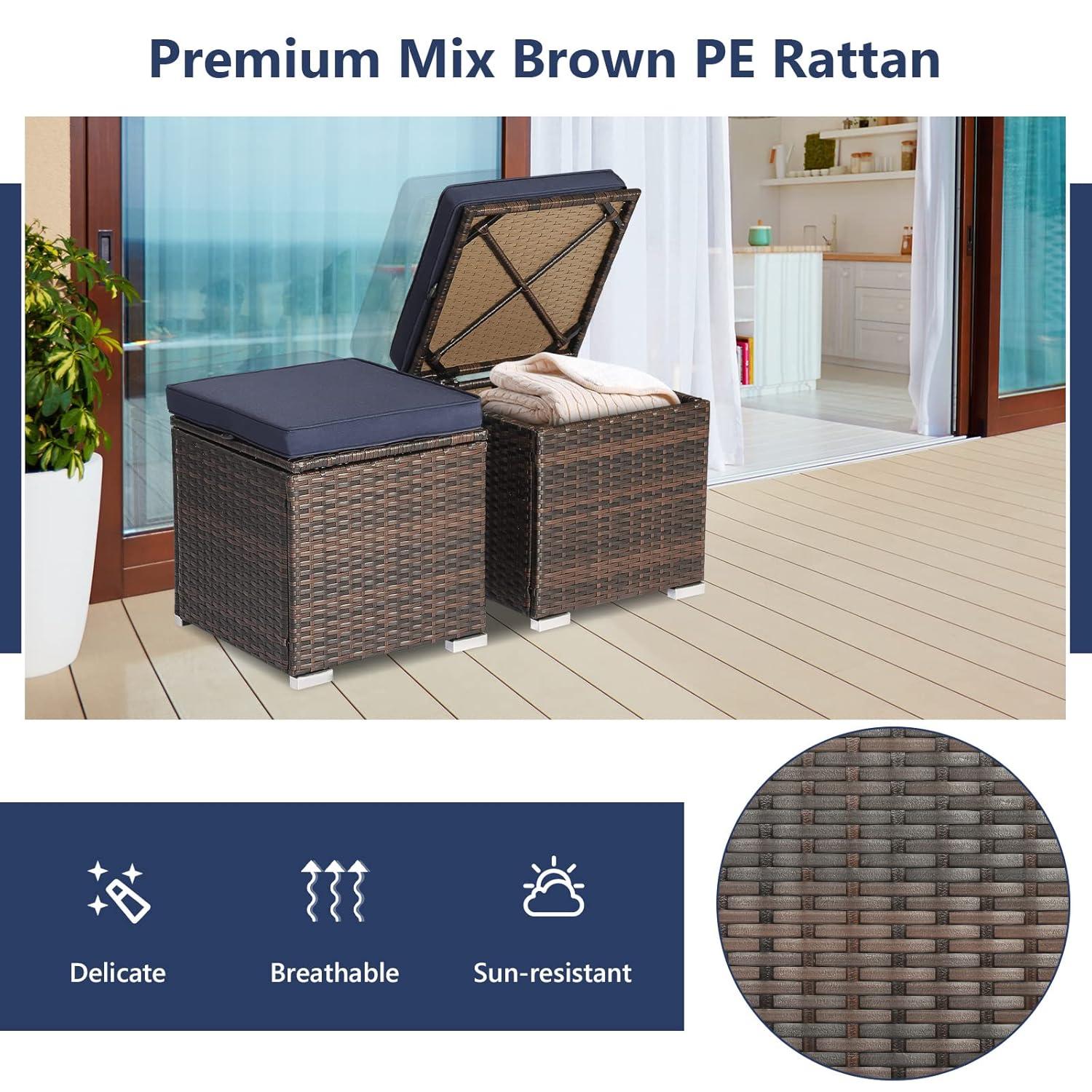 Navy Cushioned PE Rattan Storage Ottomans Set