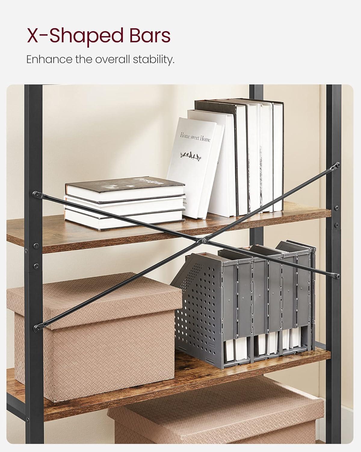 Adjustable Black Metal and Wood 5-Tier Bookshelf