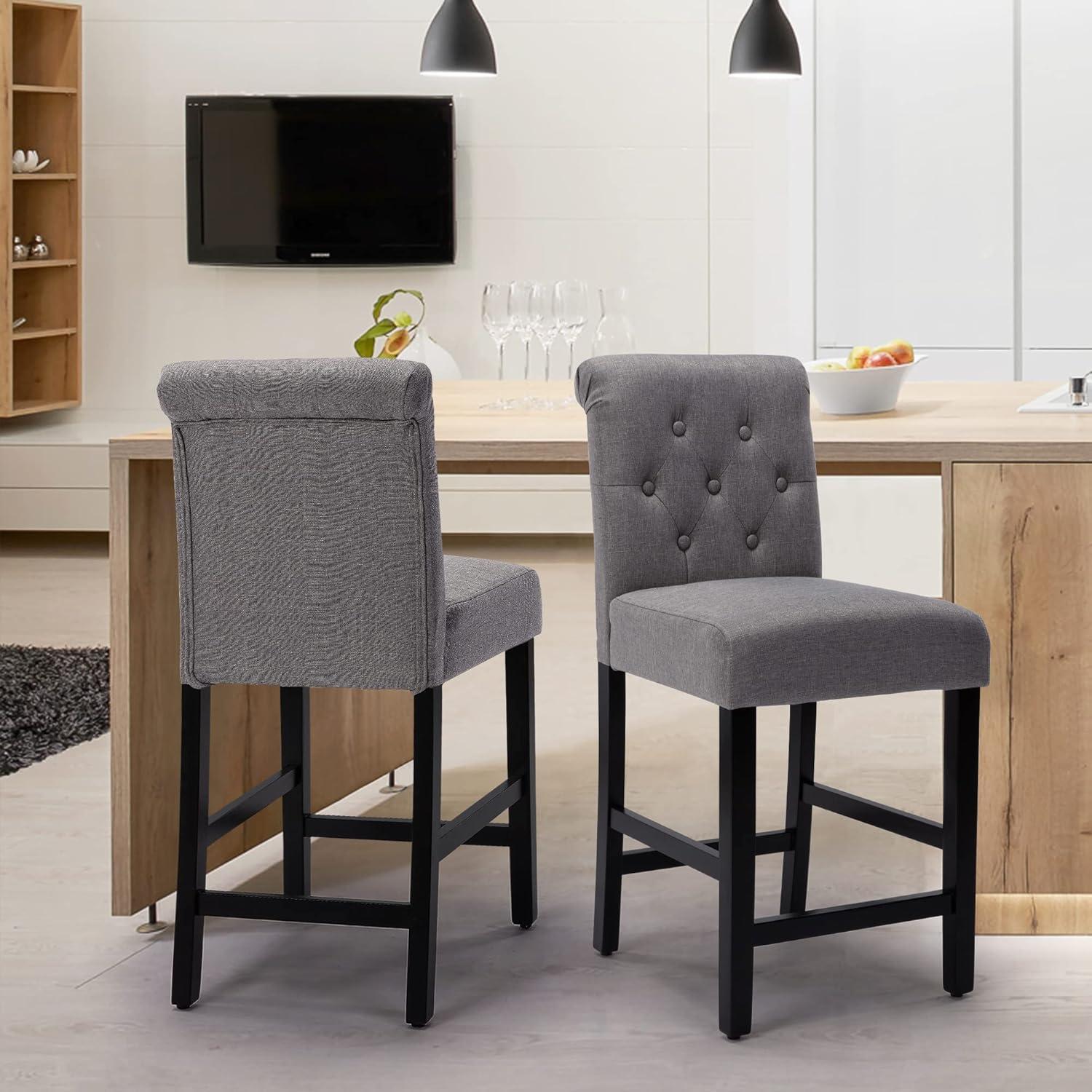 Drevy Bar Stools Set of 2, 24 inch Fabric Counter Height Bar Stools, Kitchen Island Wood Bar Chairs, Solid Wood Legs Barstools, Grey