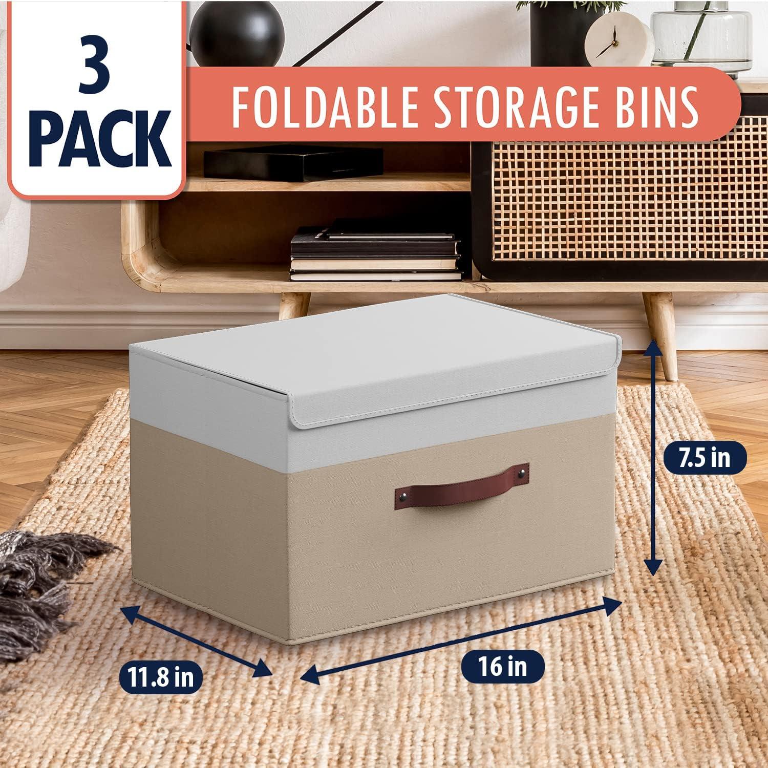 Ornavo Home Foldable Collapsible XLarge Storage Box Bins Linen Fabric Shelf Basket Cube Organizer with Leather Handles and Lid - Set of 3 - 16.5 x 11.8 x 7.5