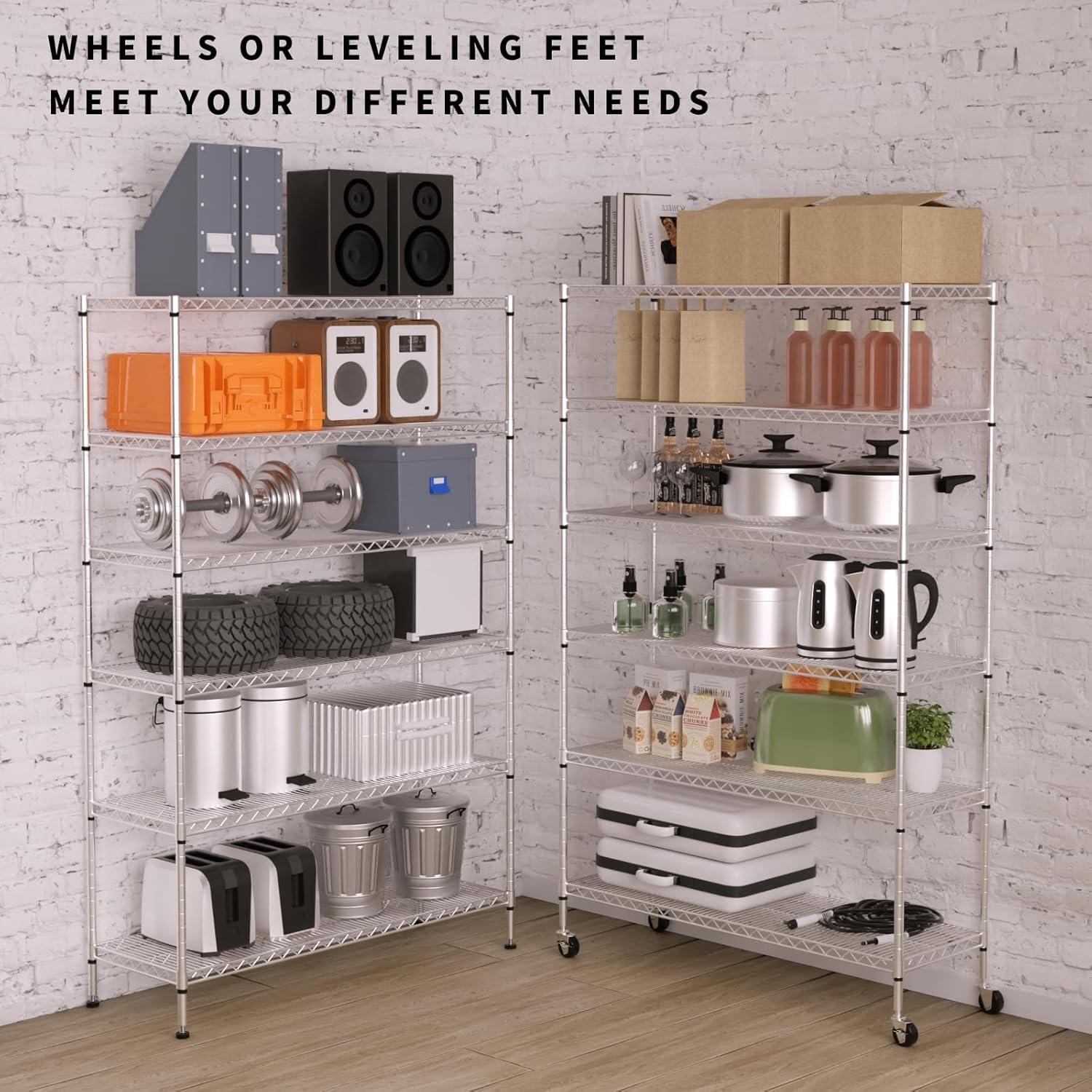 Chrome Heavy Duty Adjustable 6-Tier Metal Storage Rack with Wheels