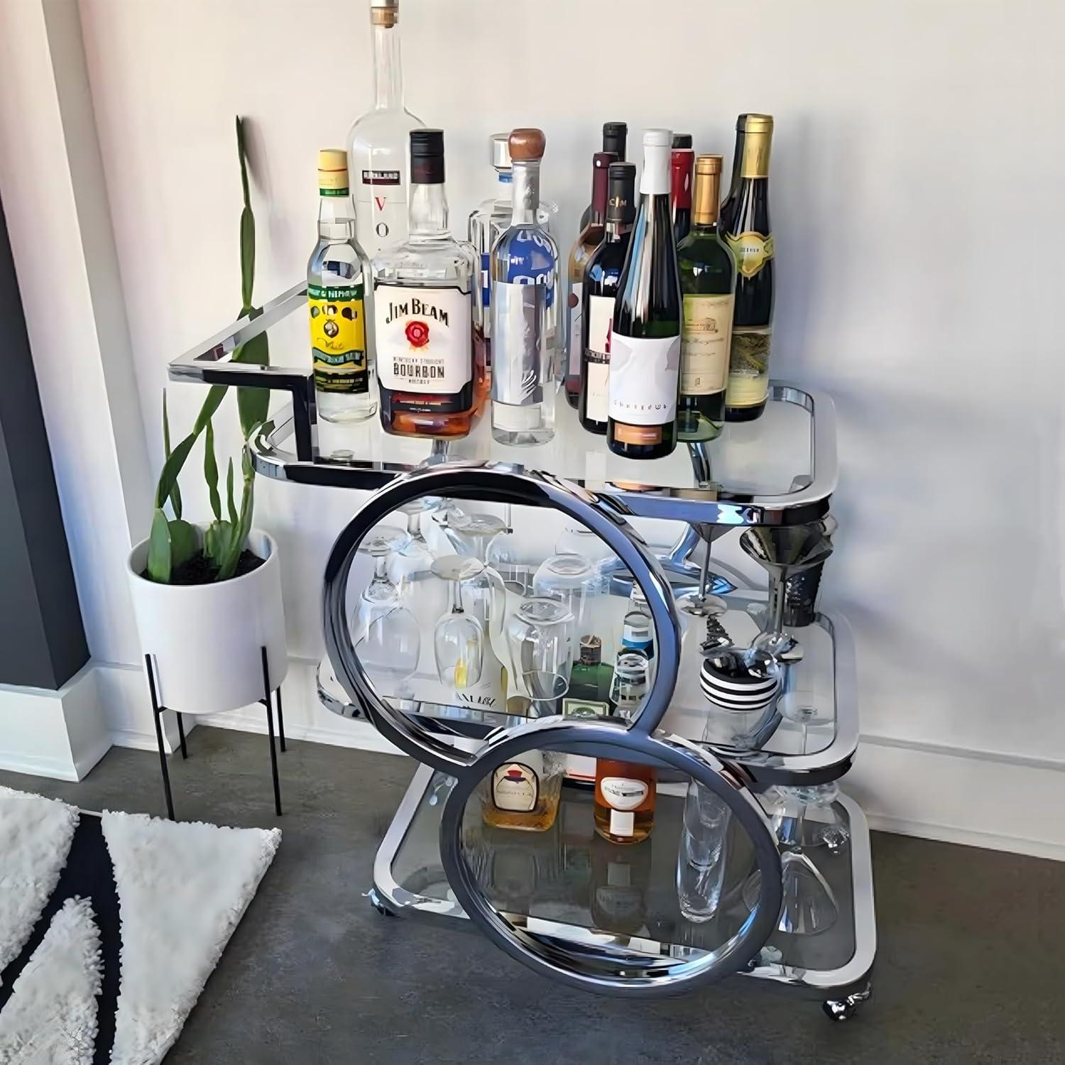 Silver Chrome 3-Tier Glass Bar Cart with Storage