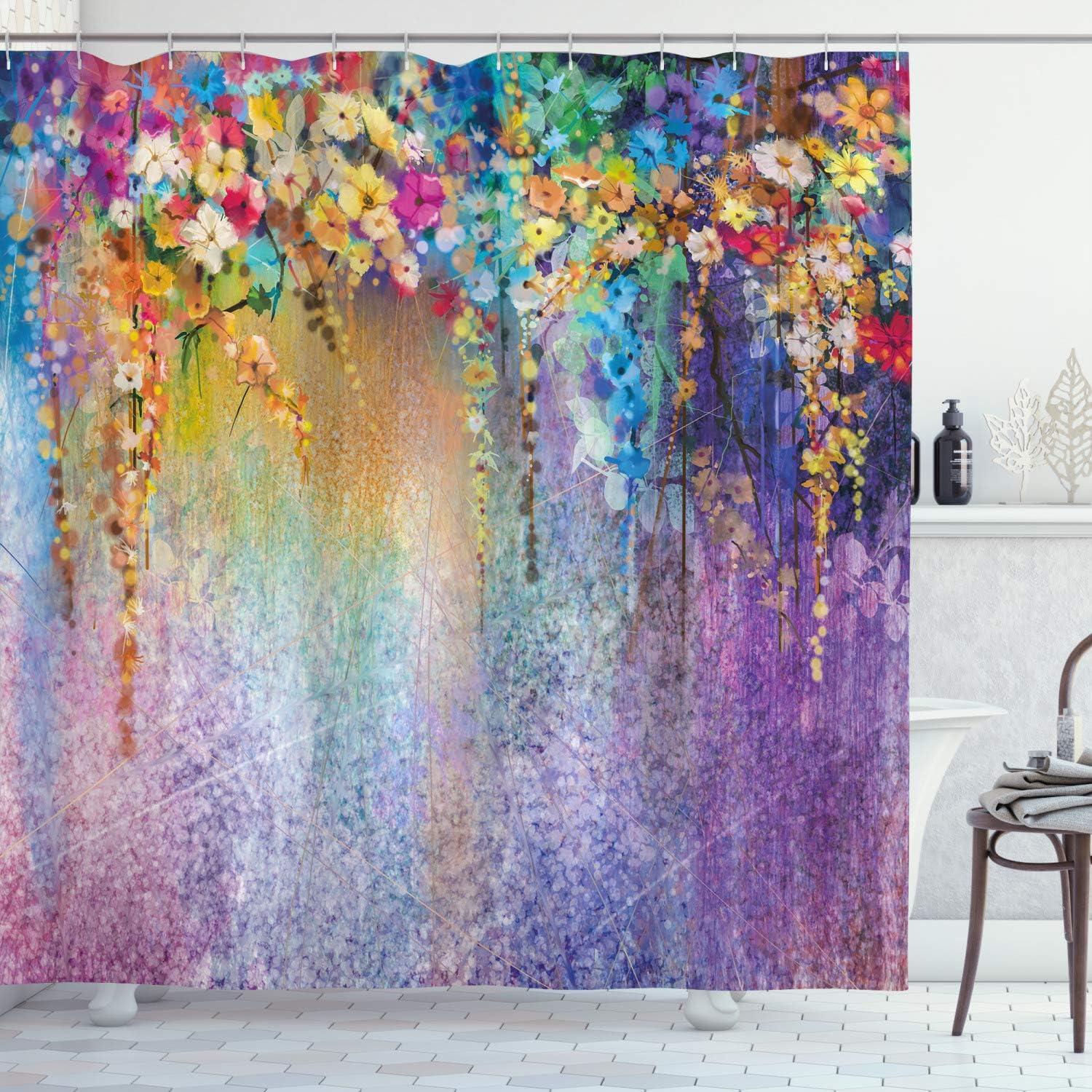 Multicolor Floral Fabric Shower Curtain with Hooks