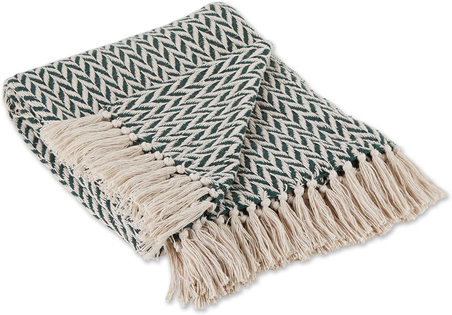 Hunter Green Zig-Zag Woven Cotton Throw Blanket 50"x60"