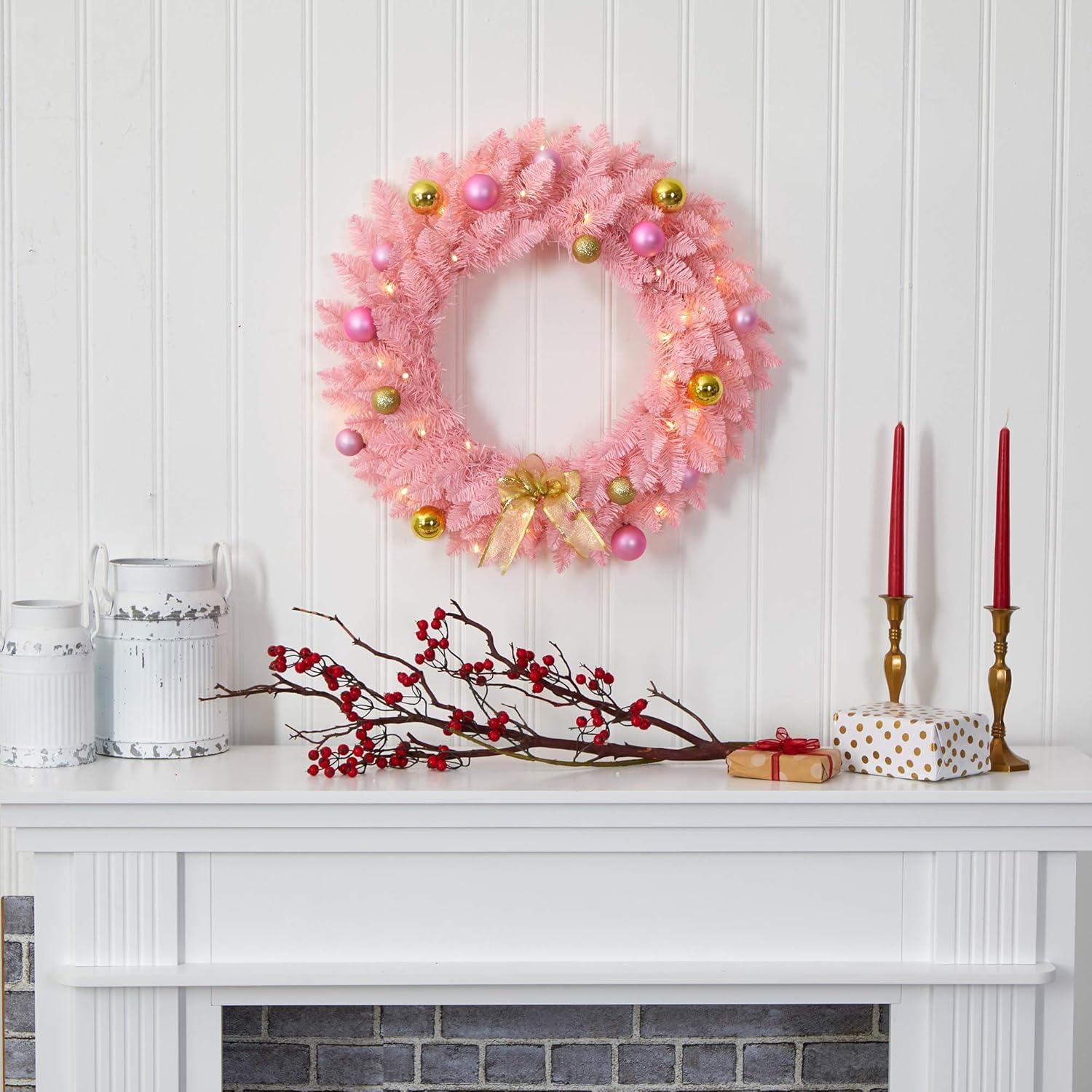 Nearly Natural 24" Pre-lit LED Pine Artificial Christmas Wreath Pink with Warm White Lights