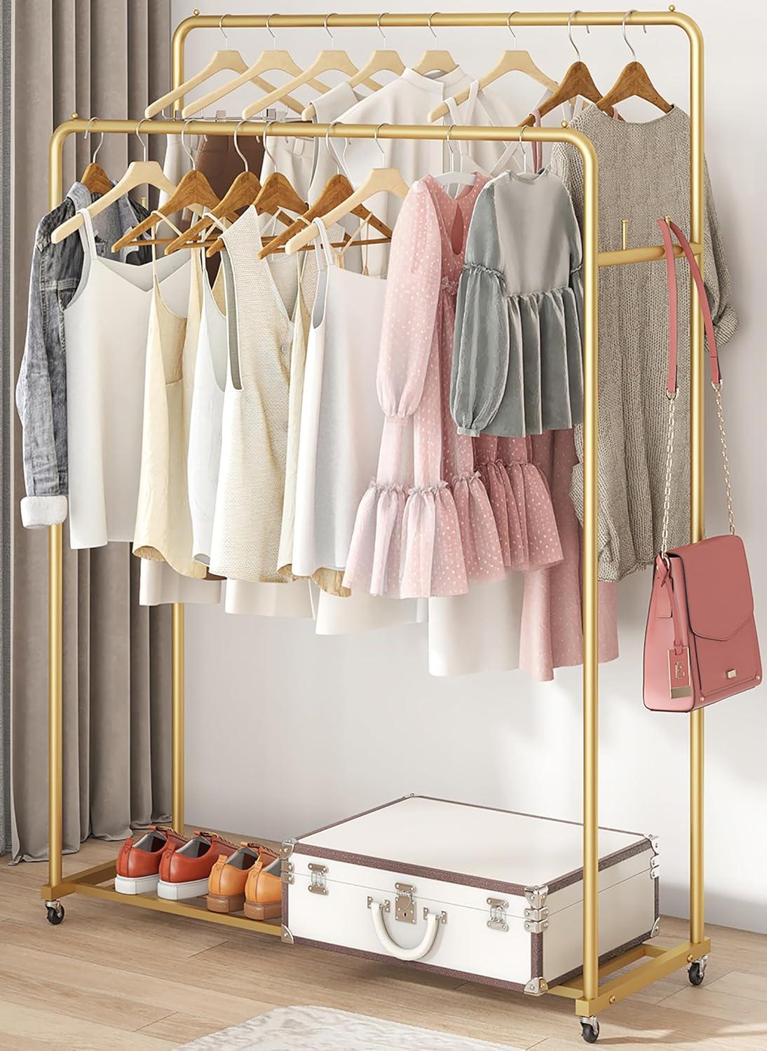 Laiensia Double Rods Garment Rack with Wheels, Clothing Rack for Hanging Clothes,4 Hooks, Multi-Functional Bedroom Clothes Rack, Gold