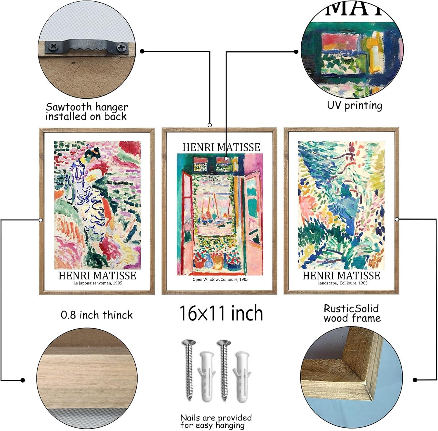 Vault W Artwork Set Of 3 16X11 Inch Large Rustic Farmhouse Aesthetic Wood Framed Matisse Sign Modern Home Bedroom Living Room Office Abstract Landscape Print Wall Hang (Wood) (Set of 3)