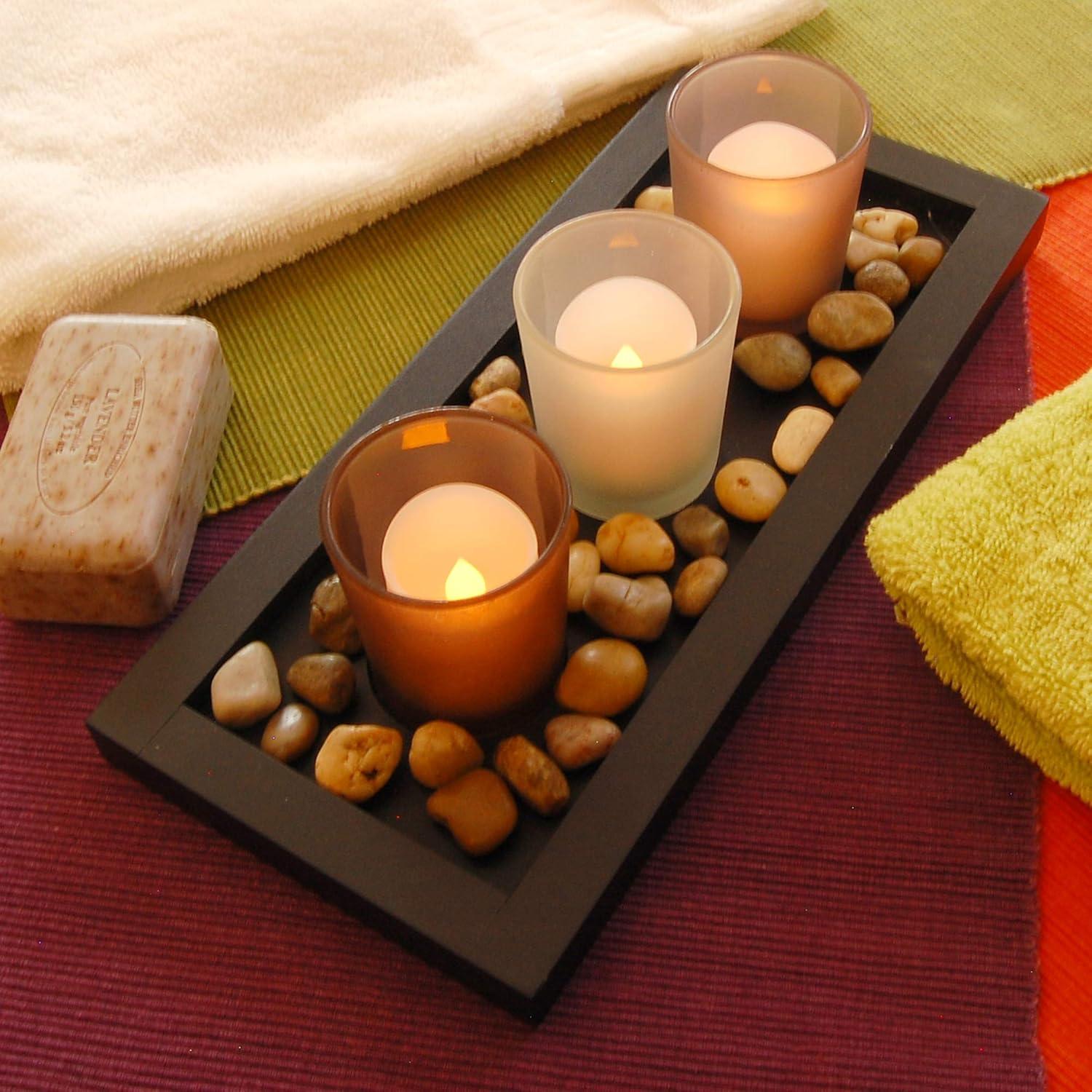 Warm Soft Black Wooden Tray with Earth-Tone Frosted Glass Candleholders