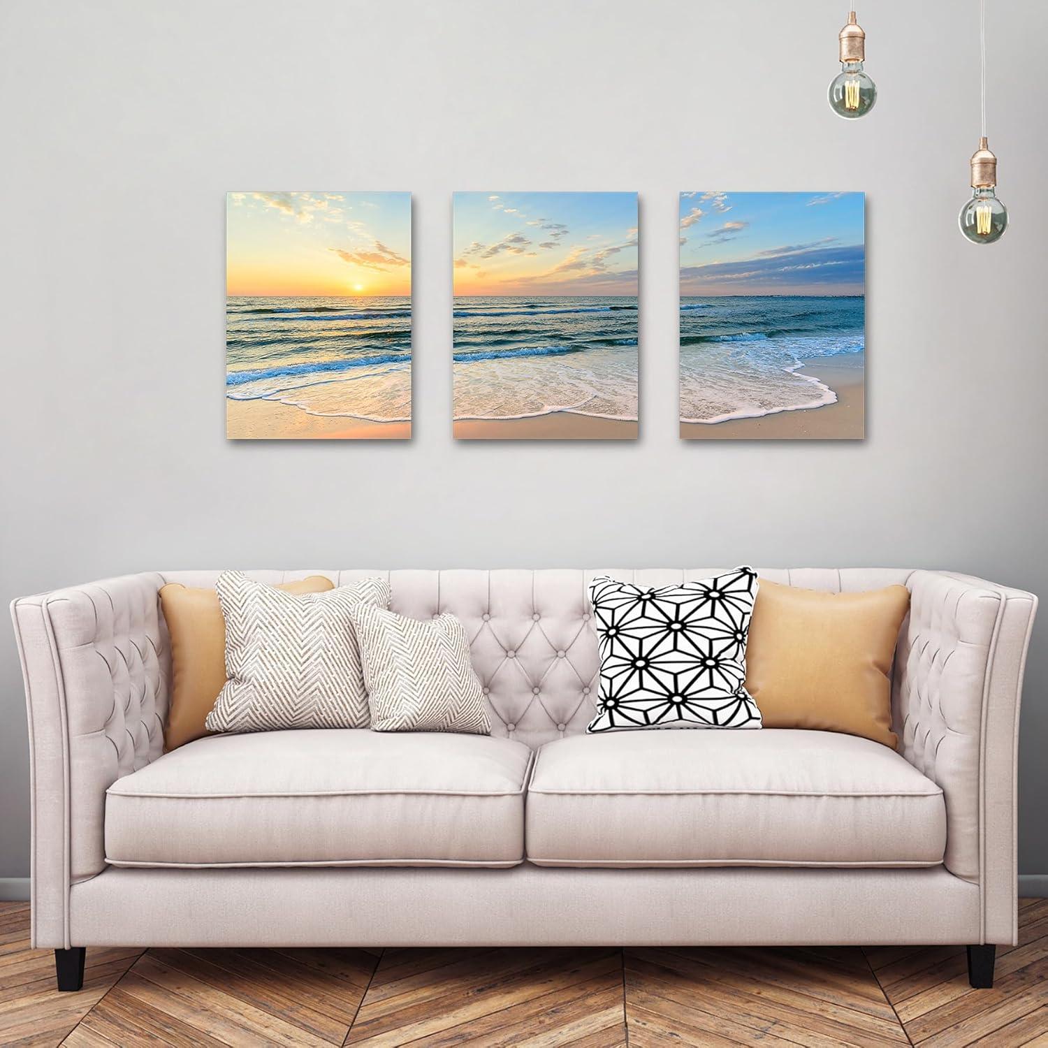 Asdg12s-3 Panel Wall Art Blue Sea Sunset White Beach Painting The Picture Print On Canvas Seascape The Pictures for Home Decor Decoration,Ready to Hang