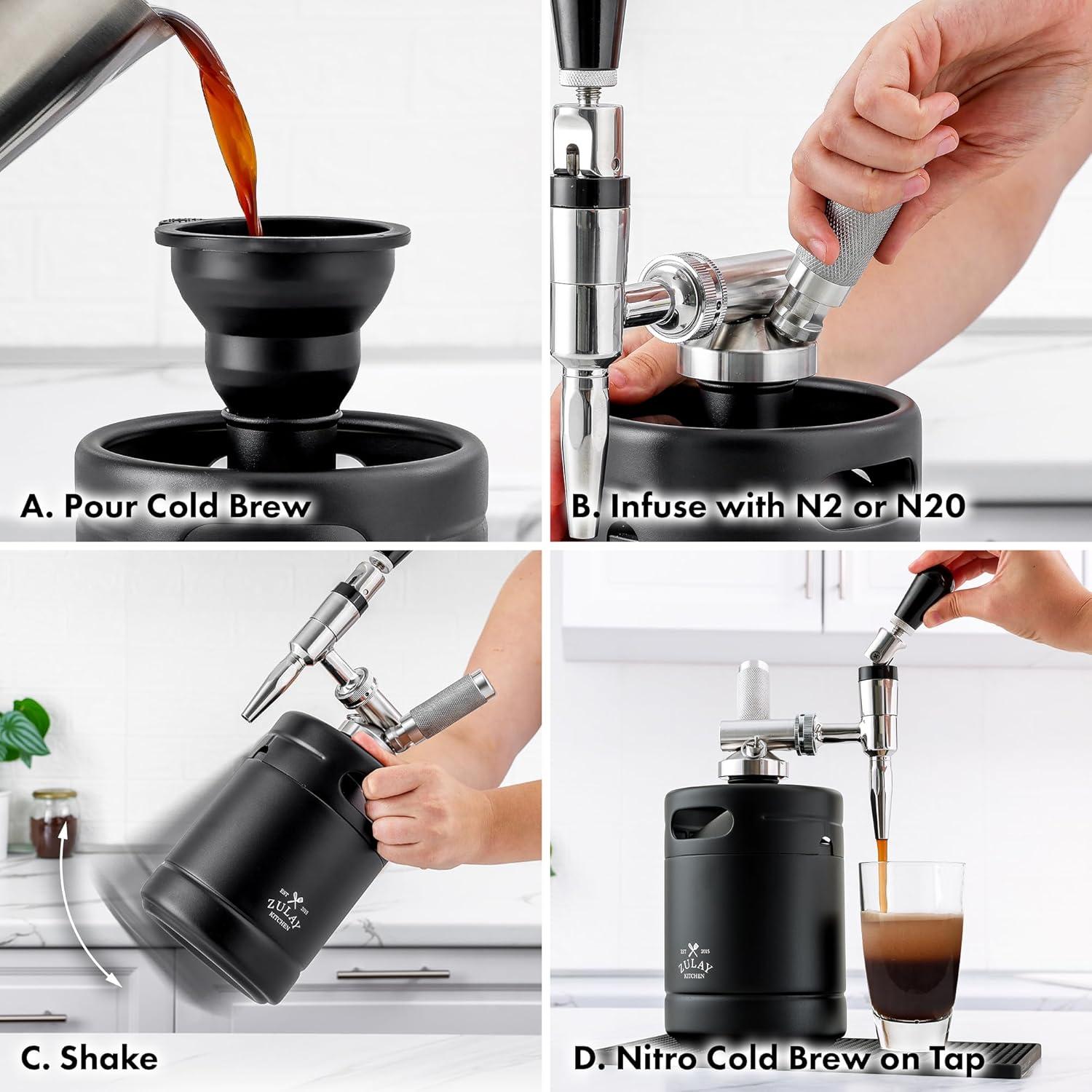 Zulay Nitro Cold Brew Coffee Maker - 64 oz Keg with Creamer Faucet, Collapsible Funnel & Drip Mat
