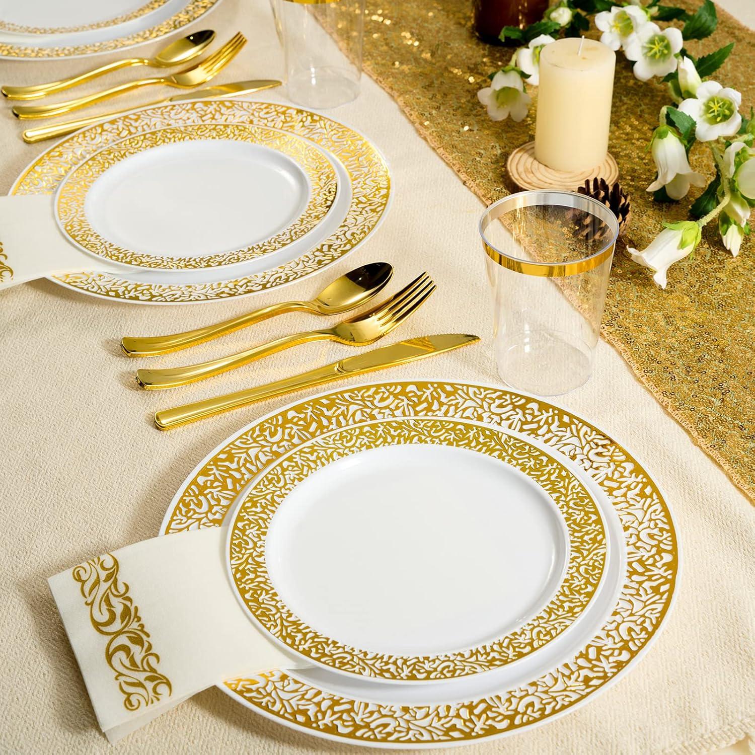 FOCUSLINE Gold Plastic Plates Set of 102, Disposable Plates with Gold Lace 51 Dinner Plate 10.25 Inch & 51 Salad Dessert Appetizer Plate 7.5 Inch, Elegant Fancy Heavy Duty Wedding Party Plates