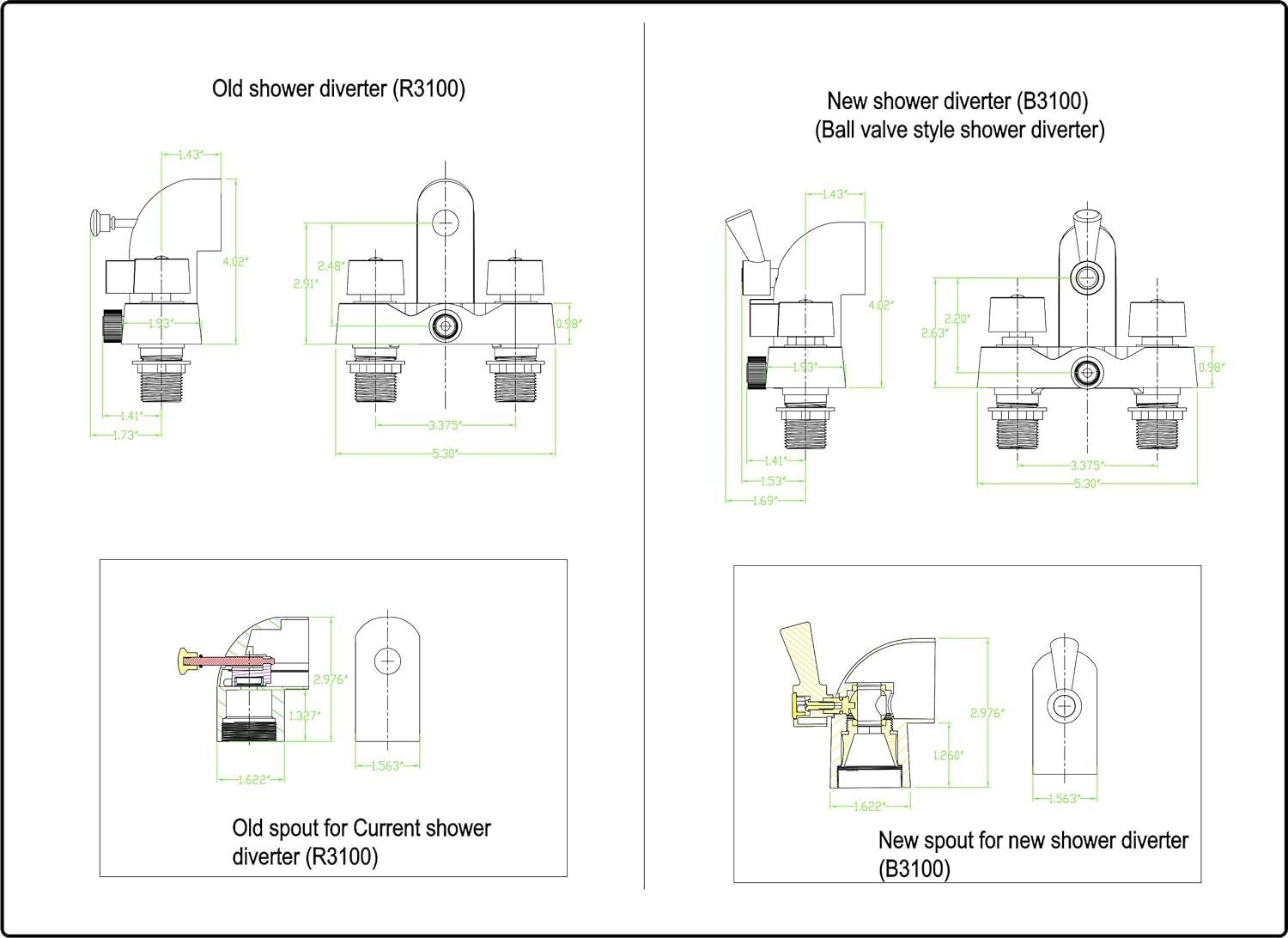 B3100 3 ⅜-Inch Centers Clawfoot Tub Faucet with Ceramic Cartridges & ¼-Turn Ball-Valve Diverter - Diverter Bathcock - Faucet Replacement - Solid-Brass Chrome-Plated - ¾ Male IPS Inlet