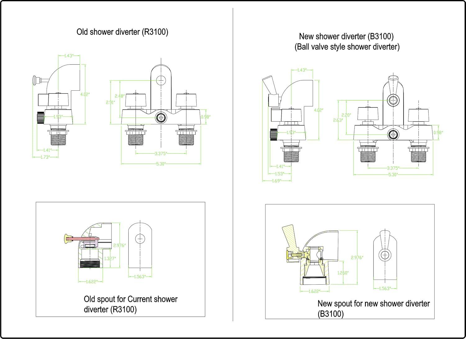 B3100 3 ⅜-Inch Centers Clawfoot Tub Faucet with Ceramic Cartridges & ¼-Turn Ball-Valve Diverter - Diverter Bathcock - Faucet Replacement - Solid-Brass Chrome-Plated - ¾ Male IPS Inlet