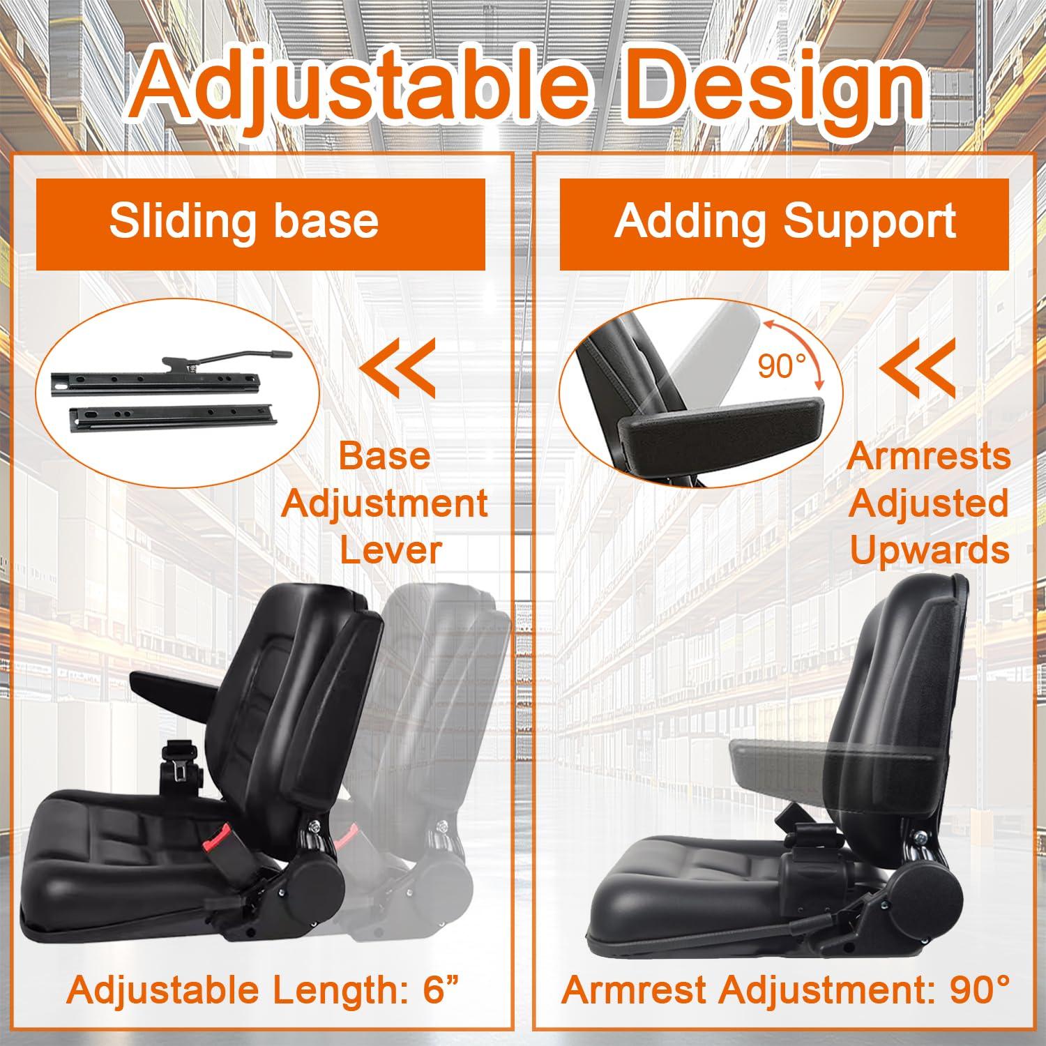 Black Adjustable PVC Forklift and Tractor Seat with Armrests