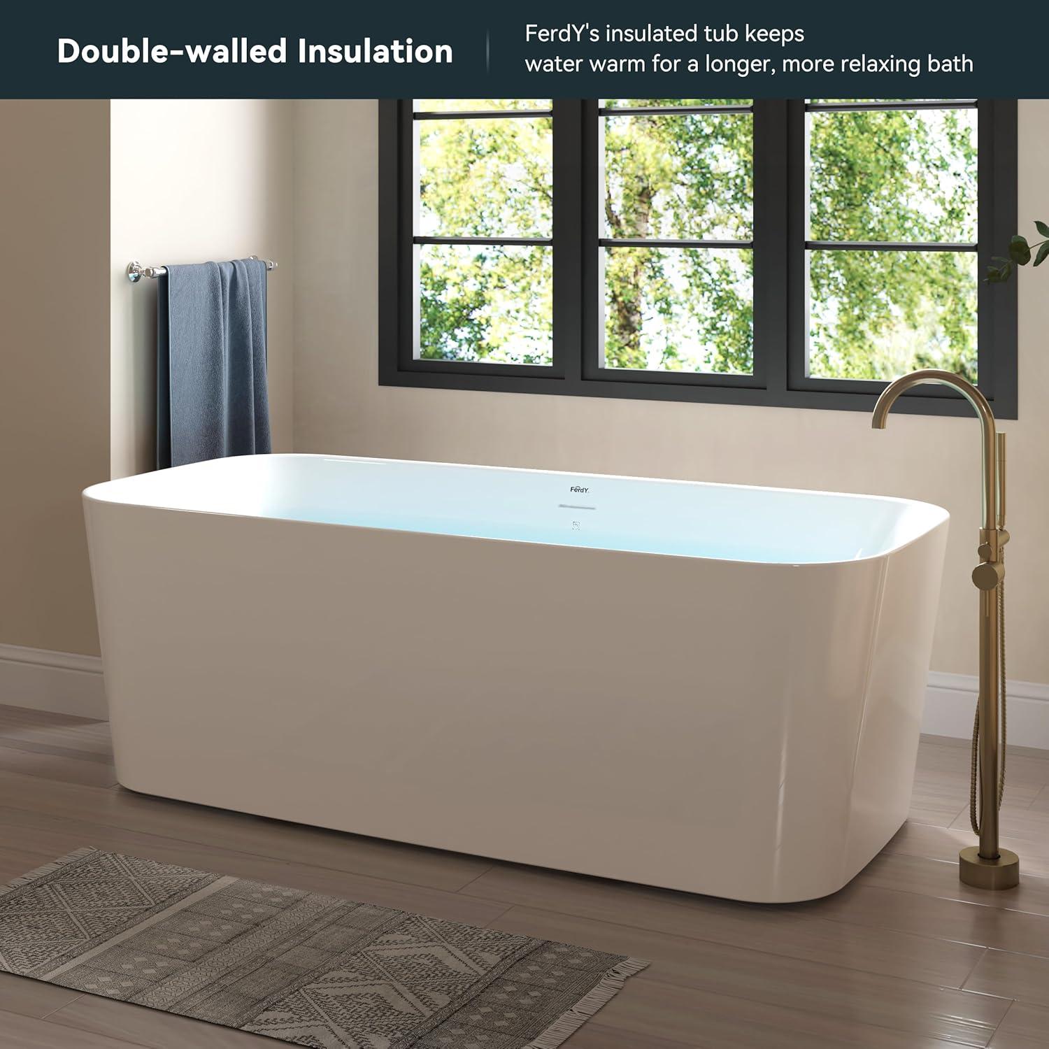 FerdY Maui 67" Acrylic Freestanding Bathtub,Soaking Tub With Brushed Nickel Drain