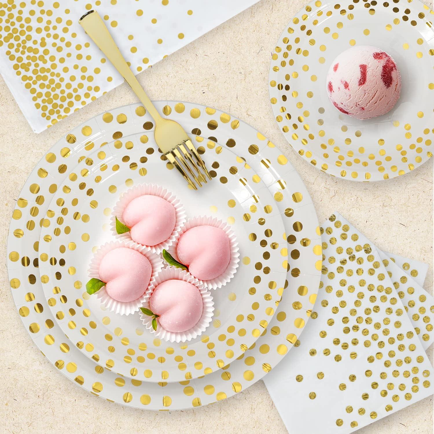 Disposable Paper Plates 100 Pack - White and Gold Paper Plates 50 x 7" & Gold Dot Napkins 50 x 6.5",Plate and Napkins Party Supplies for Weddings, Birthdays,All Occasions