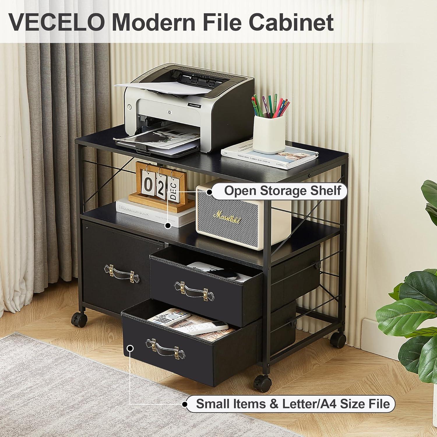 VECELO 3-Drawer Rolling File Cabinet, Mobile Printer Stand with Open Storage Shelf, Fits A4 Or Letter Size, Lateral Fabric File Cabinet with Lockable Castersfor Home Office, Black