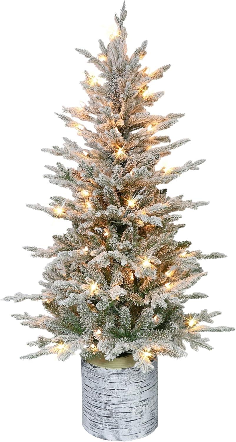 4.5 ft Pre-Lit White Flocked Fir Potted Christmas Tree