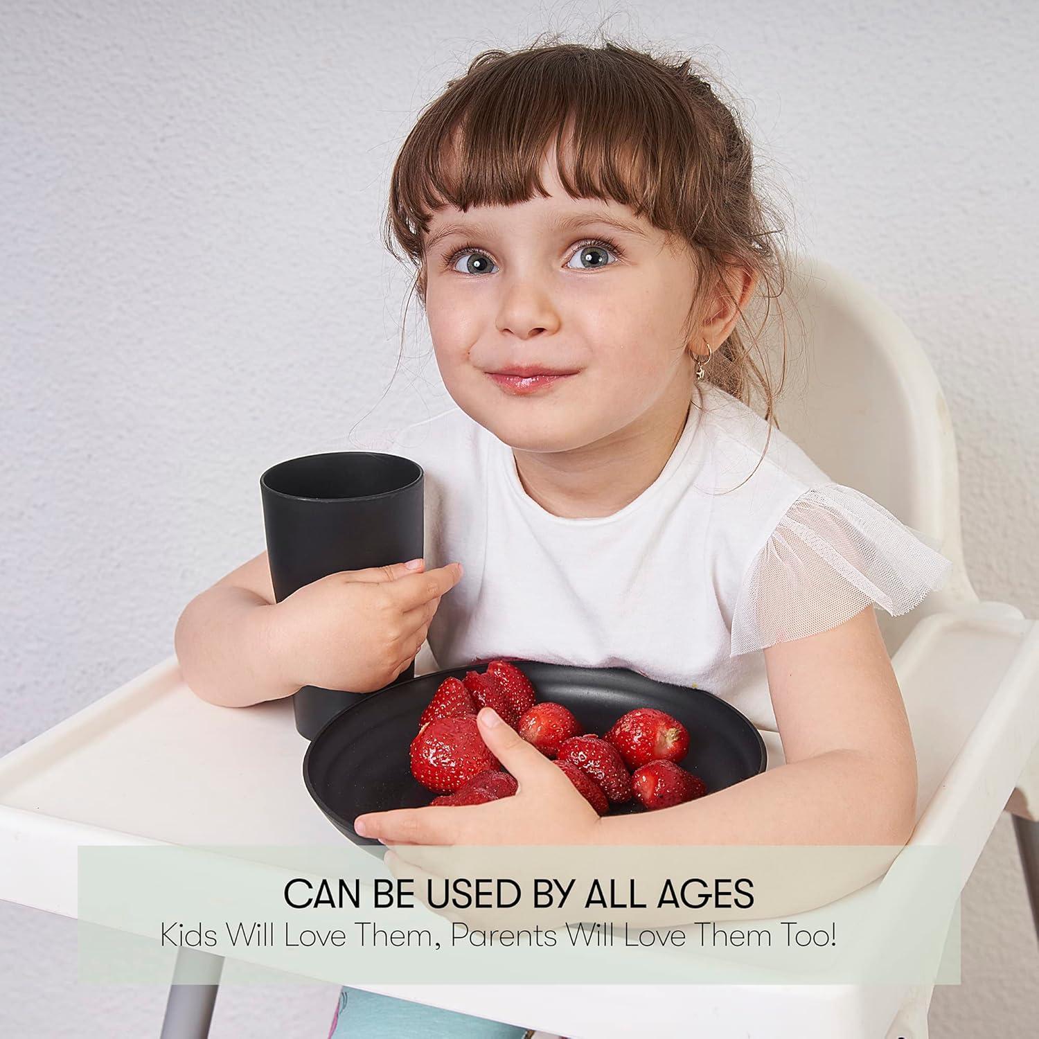 32 Pcs Wheat Straw Dinnerware Sets,Plastic Plates and Bowls Sets for 8,Unbreakable Dinnerware Set,Reusable Lightweight Black Dish Set for Kitchen,Camping,Party,RV,Dishwasher Microwave Safe