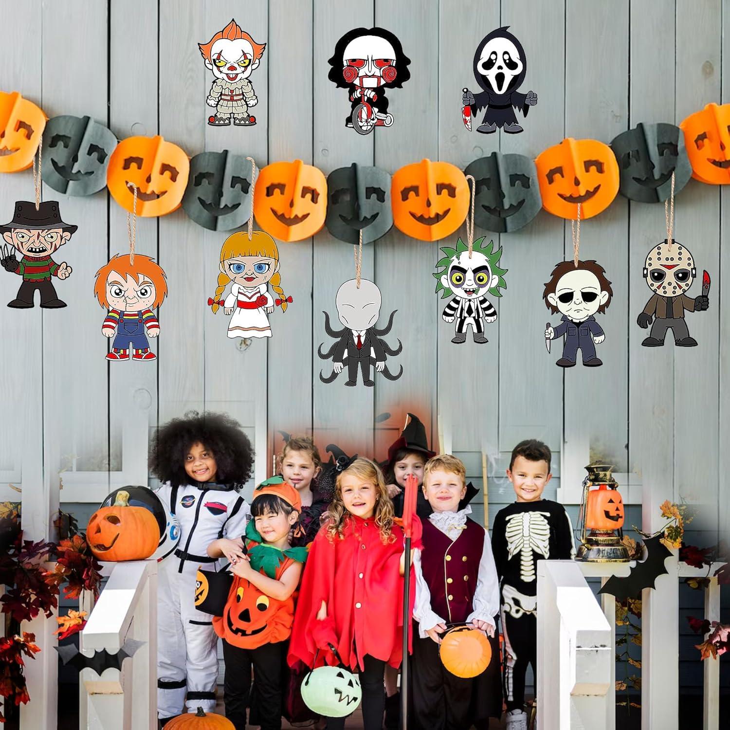 Horror Movies Tree Ornaments - Pack of 10 Wooden Hanging Mini Halloween Tree Decorations Christmas Ornaments Halloween Room Décor