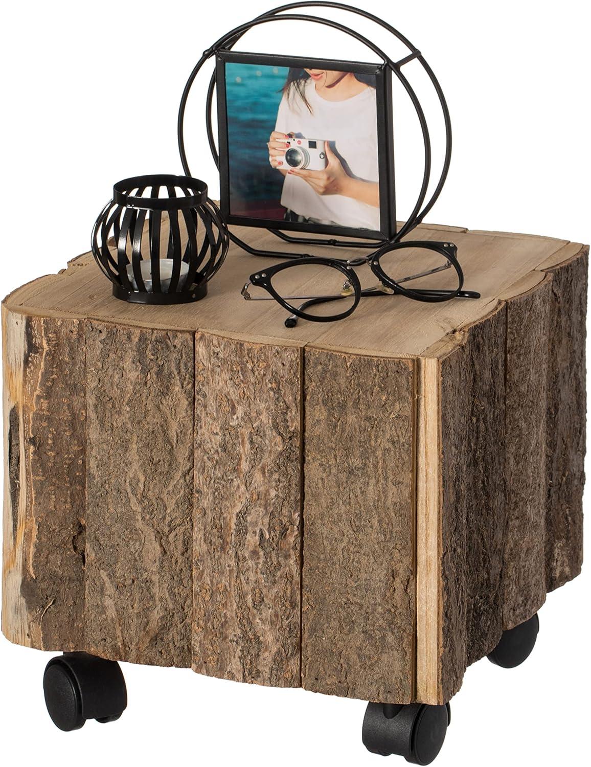 Vintiquewise Accent Decorative Natural Wooden Square Stump Stool, with Wheels for Indoor and Outdoor
