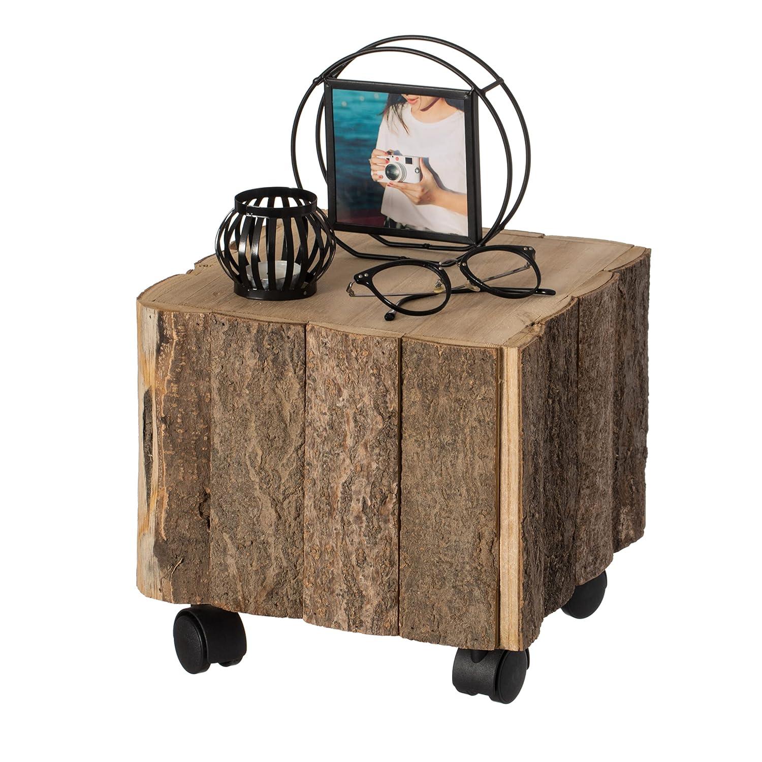 Vintiquewise Accent Decorative Natural Wooden Square Stump Stool, with Wheels for Indoor and Outdoor
