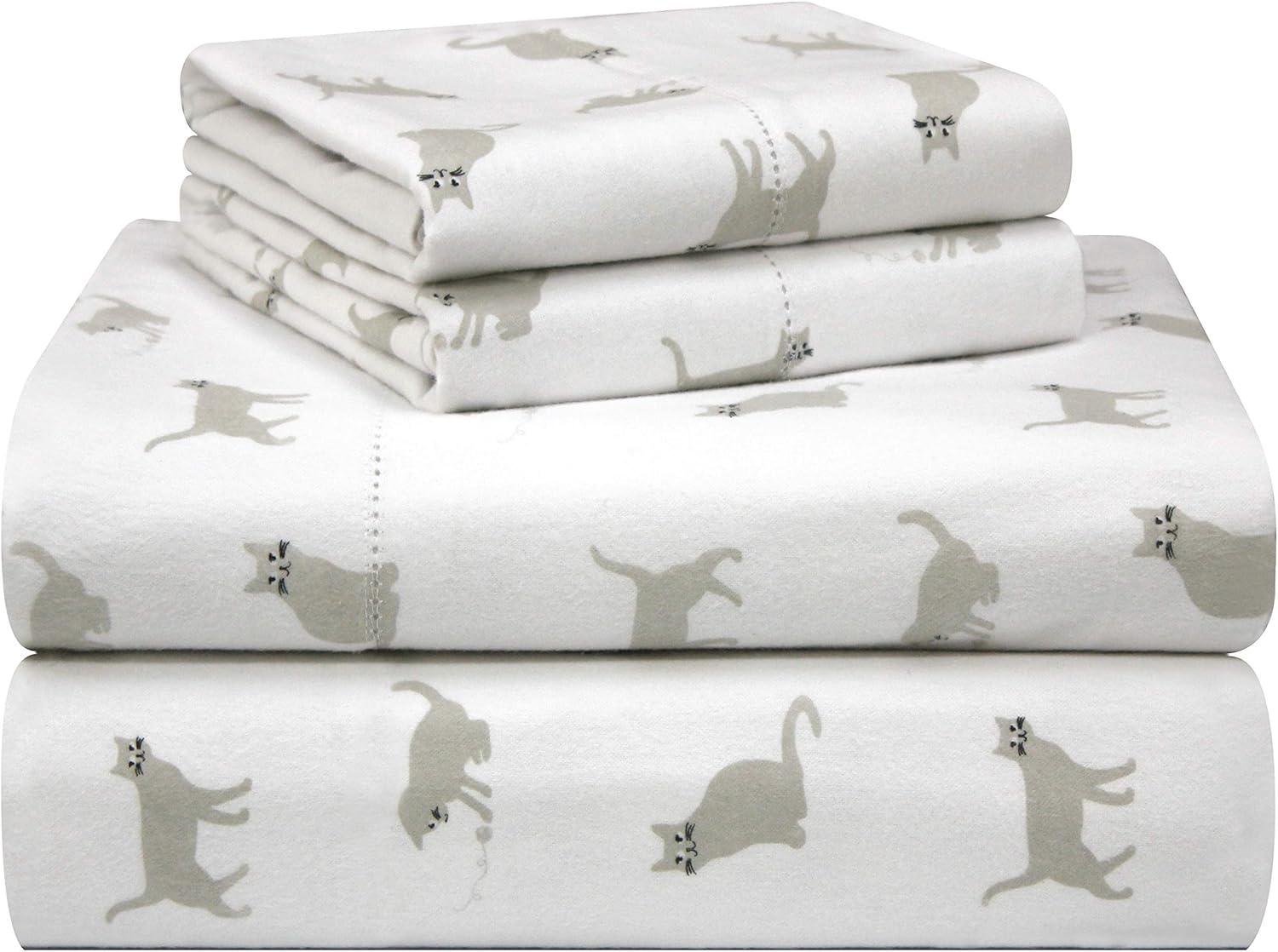 Pointehaven 180 GSM Velvet Feel Luxury Cotton Printed Flannel Sheet Set, Twin, Cats