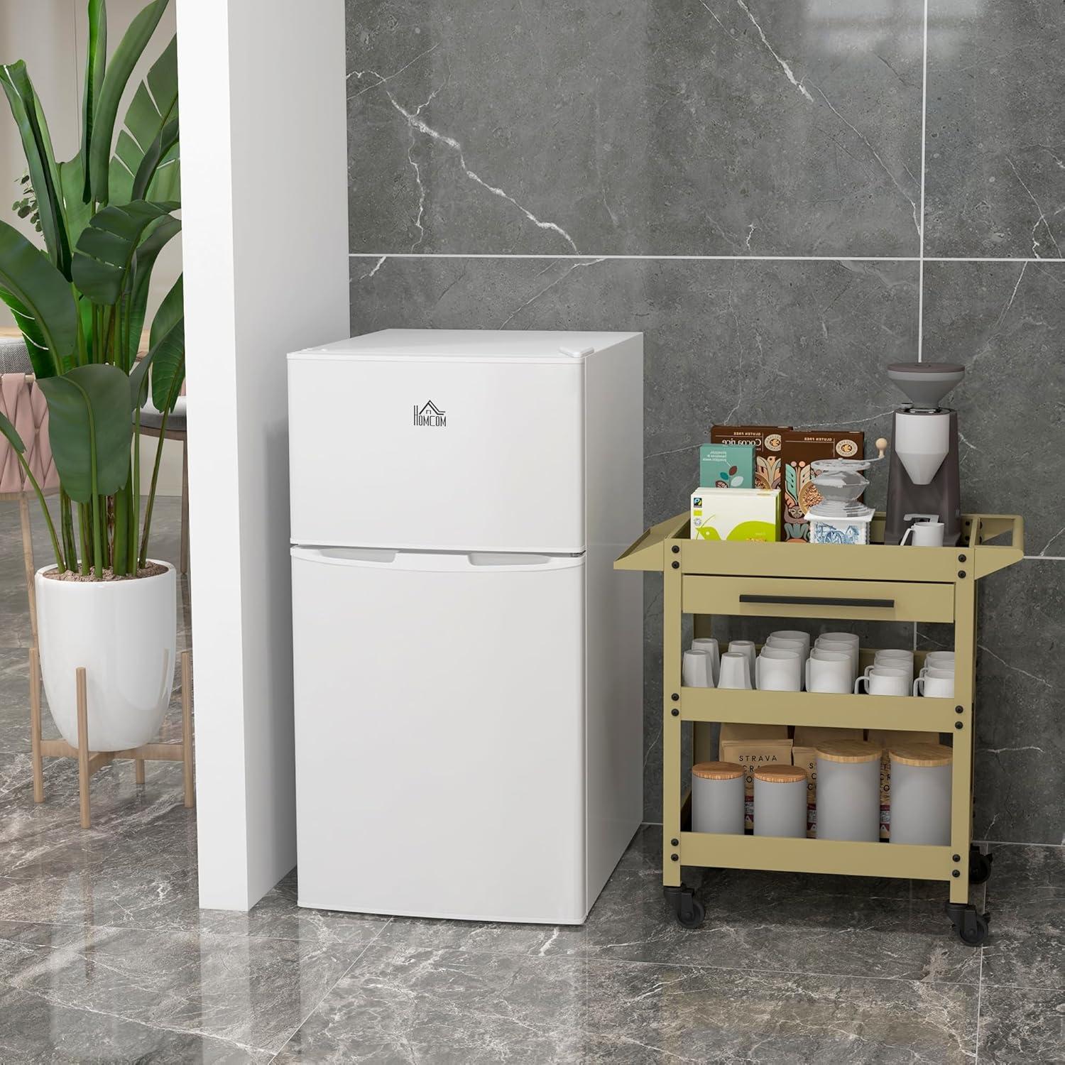 COOKCOK 3.2 Cu.Ft Mini Fridge with Freezer, Double Door with Adjustable Thermostat, Shelf for Bedroom, Dorm, Home Office, Energy Efficient, White