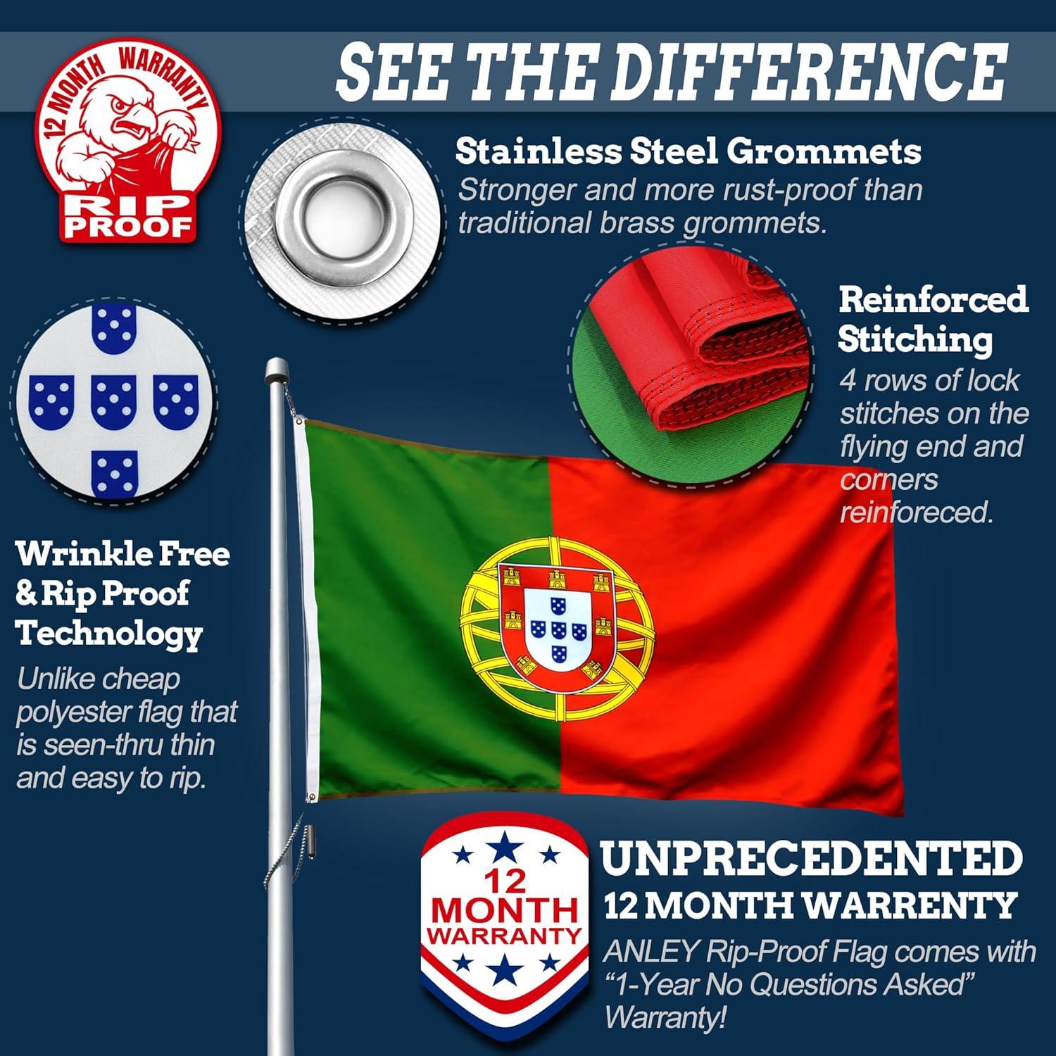 Anley Rip-Proof Double Sided 3-Ply Portugal Flag 3x5 Foot - Portuguese National Flags