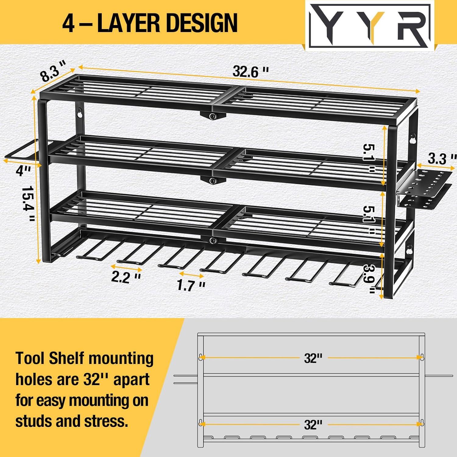 Heavy Duty Black Iron Wall Mount Power Tool Organizer with Charging Station