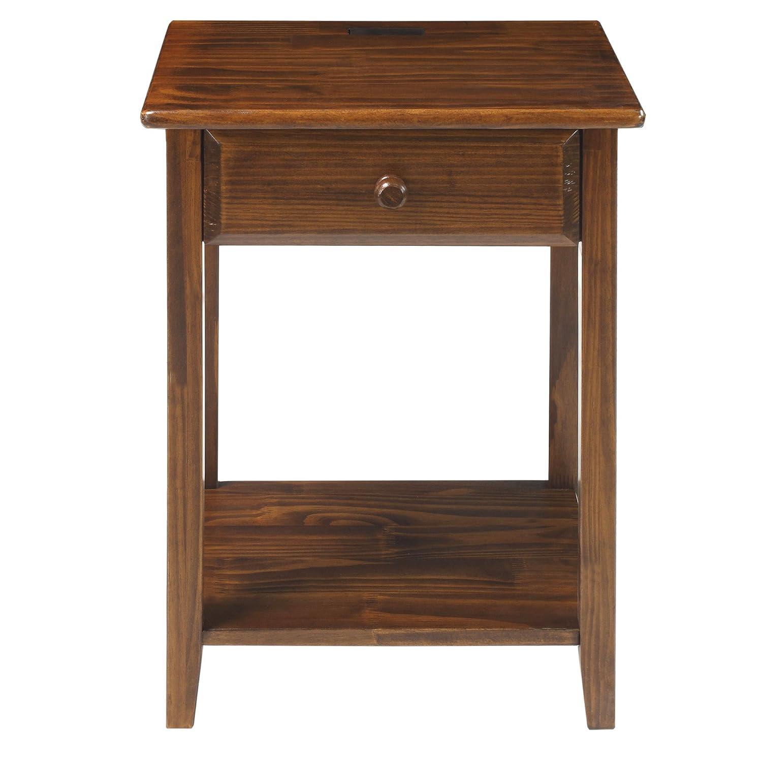 Casual Home Solid Wood Night Owl Bedside Nightstand with USB Ports, Warm Brown