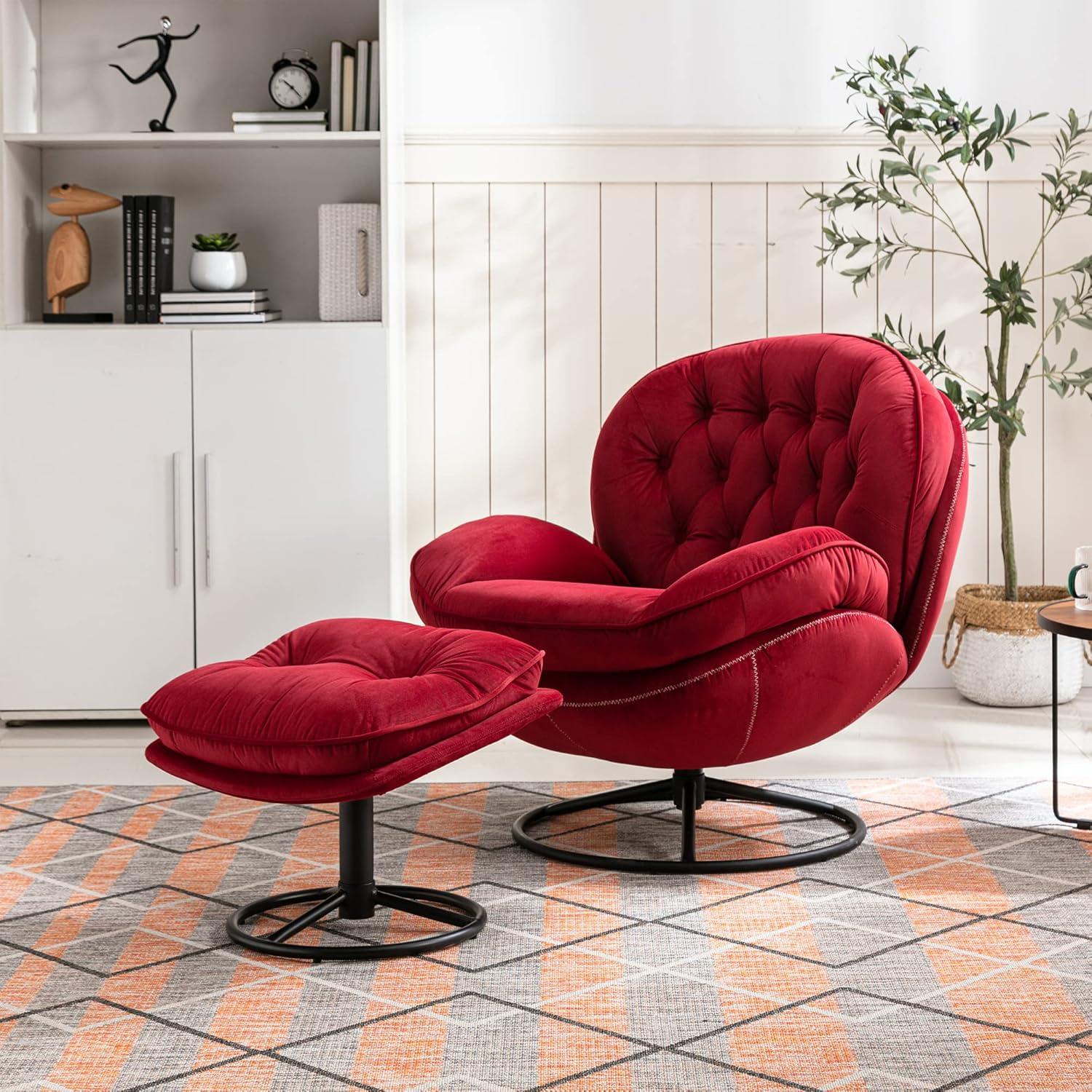 Red Velvet Swivel Accent Chair with Ottoman and Metal Base