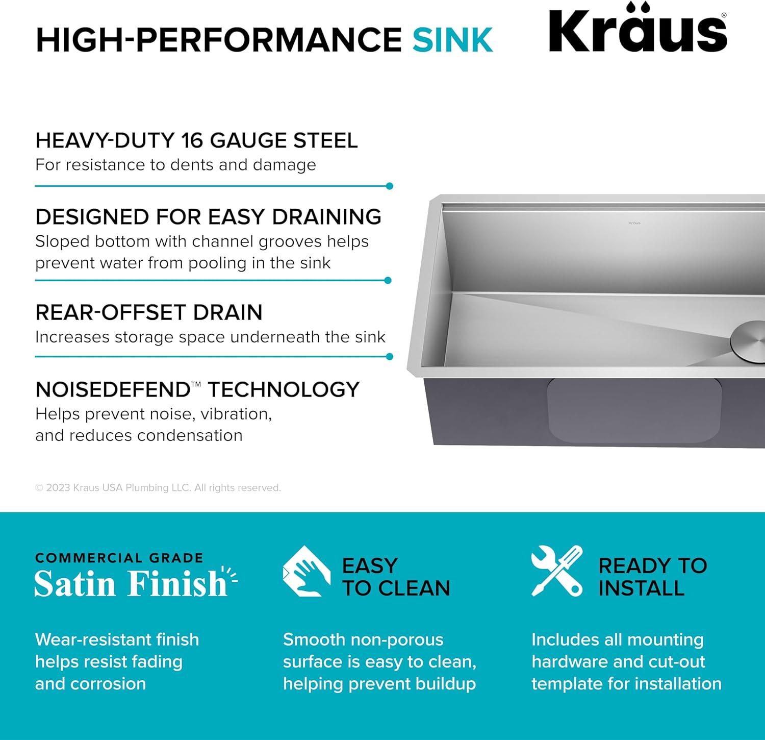 KRAUS® Kore 32" Undermount Workstation 16 Gauge Single Bowl Stainless Steel Kitchen Sink with Accessories