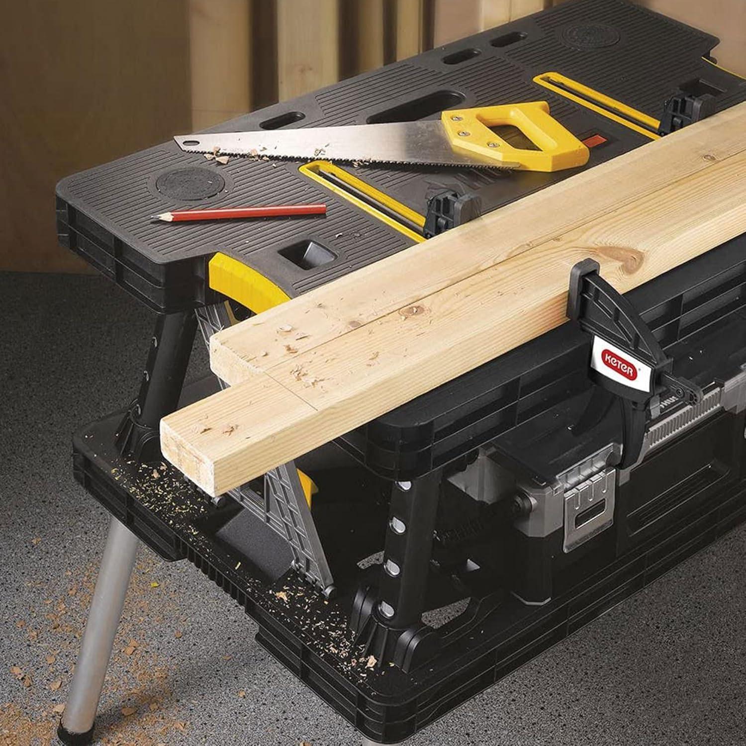Keter Folding Portable Workbench Sawhorse with (2) 12" Clamps, Black and Yellow