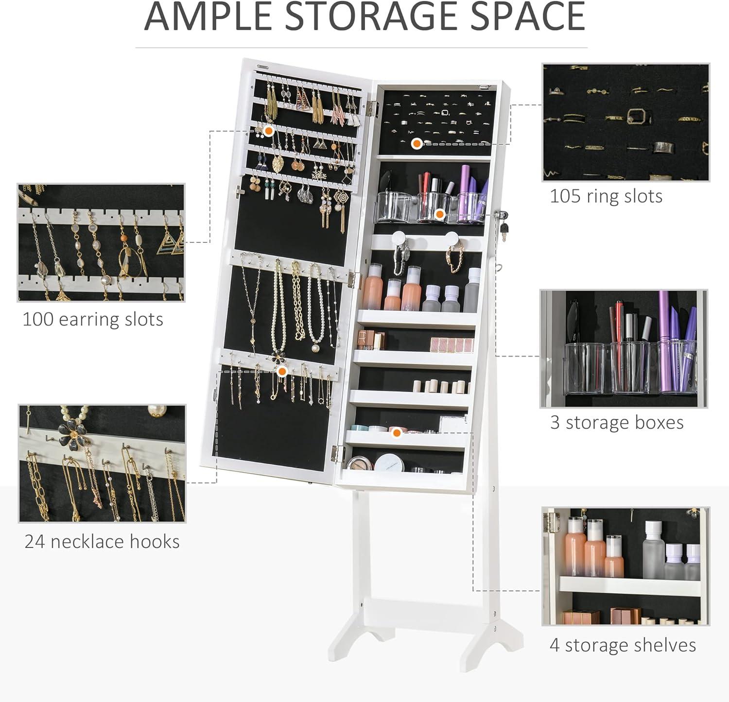 White MDF Floor Standing Jewelry Cabinet with LED Light and Mirror