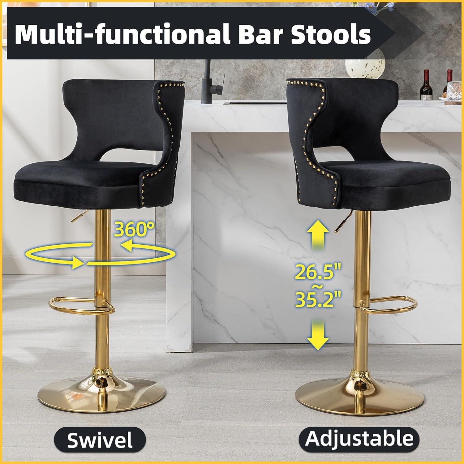 Black Velvet Swivel Bar Stools with Gold Base, Set of 2