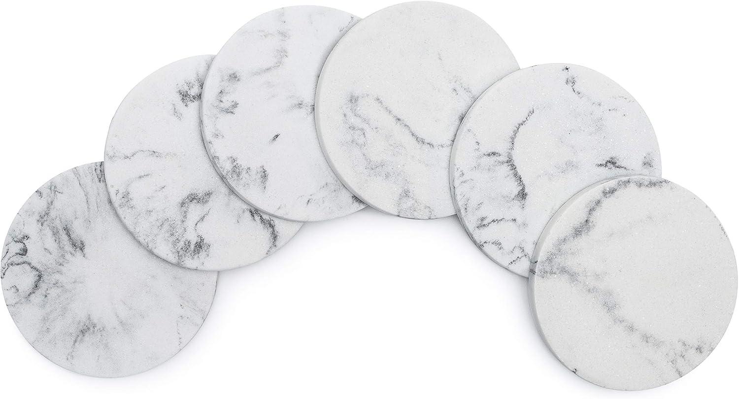 Set of 6 White and Gray Marble Coasters with Felt Bottom