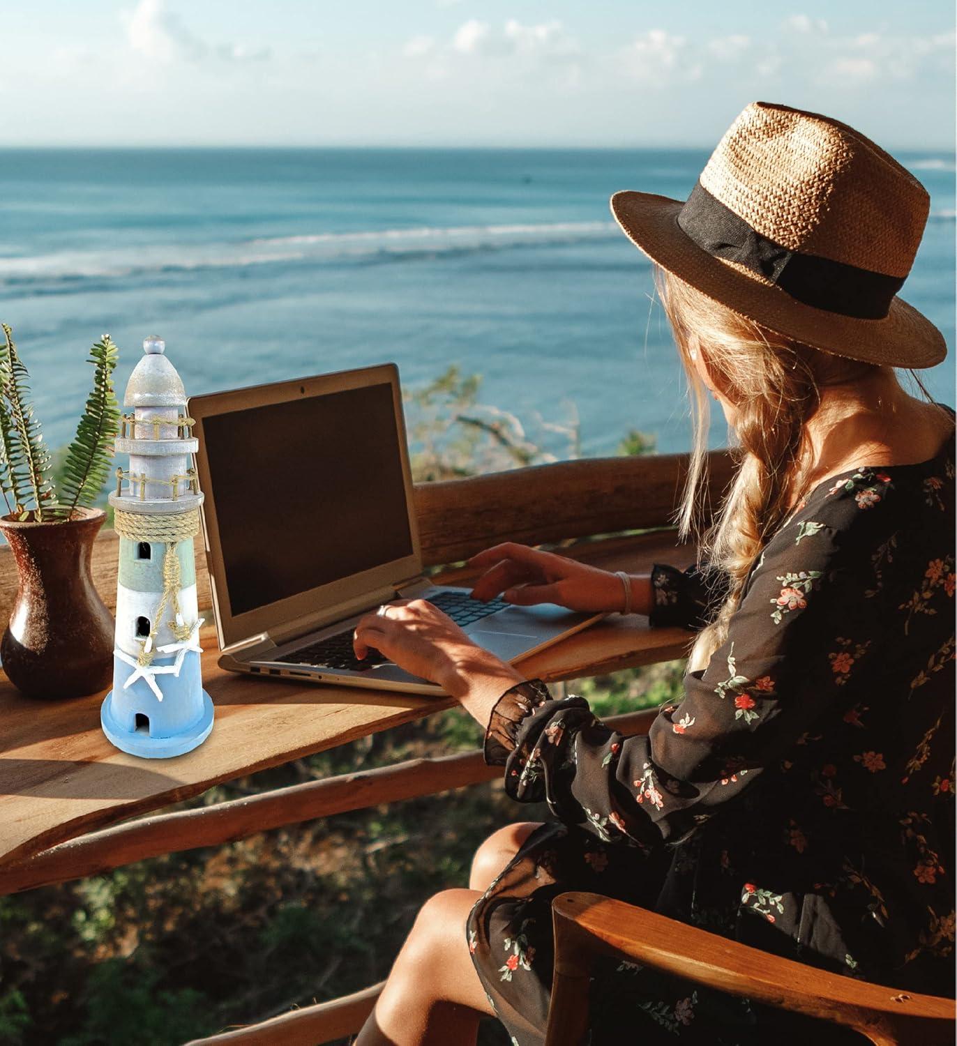 Puzzled COTA Global Ocean Breeze Lighthouse Decor - Handmade and Crafted Wooden Lighthouse Decoration with Starfish, Decorative Beach Style Tabletop Centerpiece - 12.25 Inches