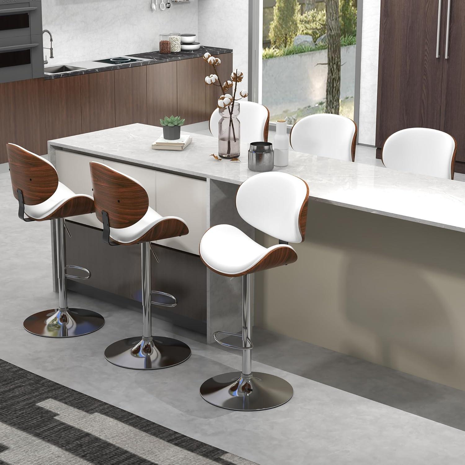 civama Bar Stools Set of 2 for Kitchen Counter, Adjustable Bar Height Chairs, Modern Swivel Barstools with Bentwood Seat and Back with Footrest, for Kitchen Island, Dining Room, White PU Leather