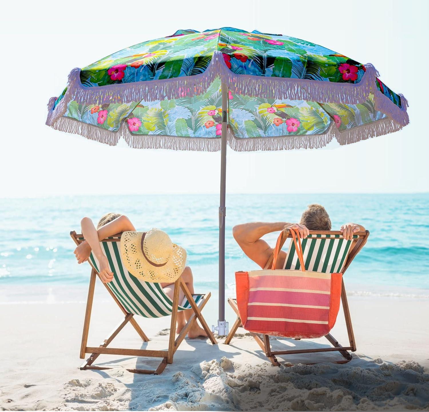 AMMSUN 6.5ft Outdoor Patio Beach Umbrella Sun Shelter with sand anchor and fringe UV50+ Sun Protection, Lightweight, Portable & easy,Perfect for Beach, Camping, Sports, pool,Gardens, Balcony and Patio