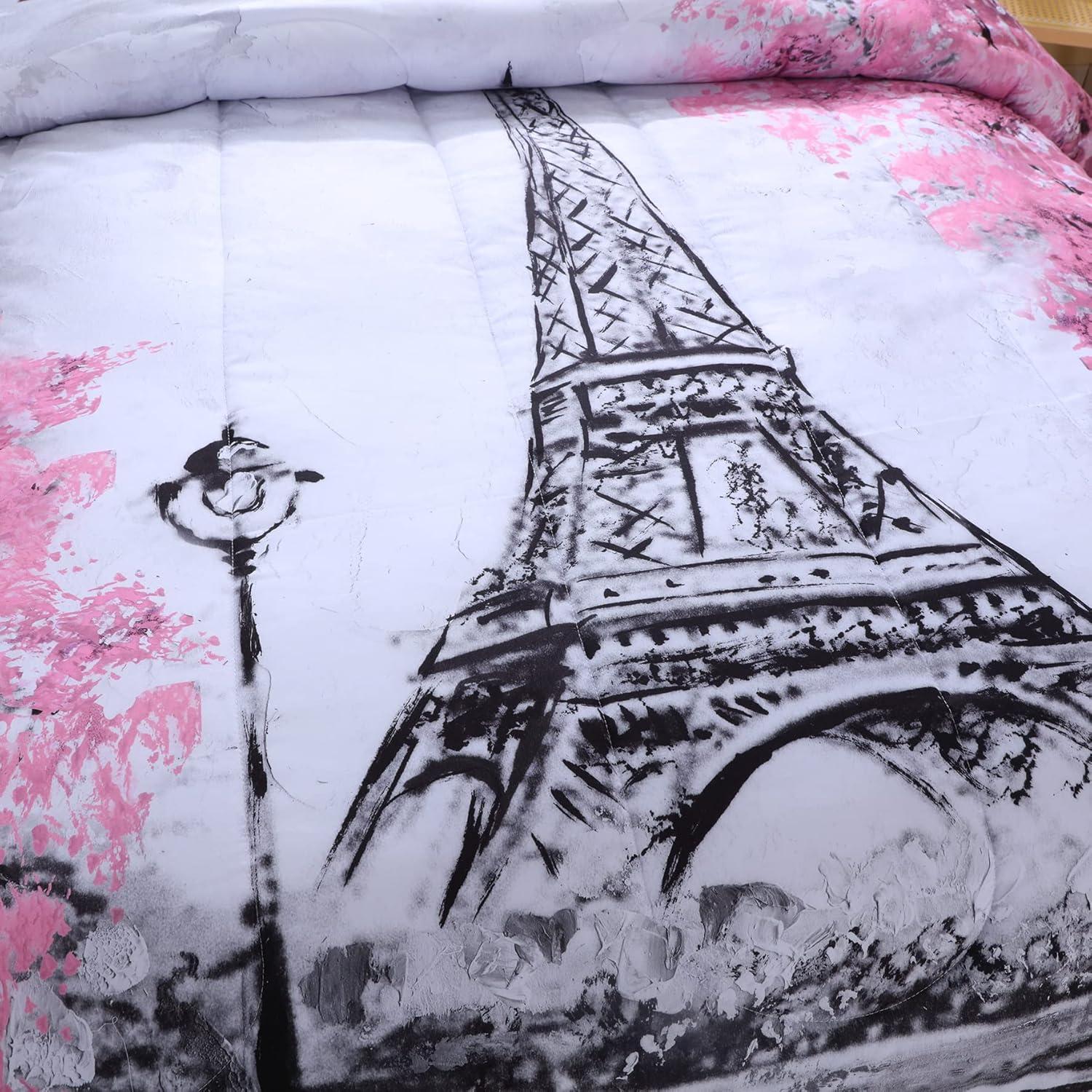 Suncloris Paris Style Comforter Set for Girls Teens, Queen Size France Eiffel Tower Bedroom Themed Bedding Comforter with 2 Romantic French Pink Flowers Patterned Pillowcases-90 x90(Queen, Grey)