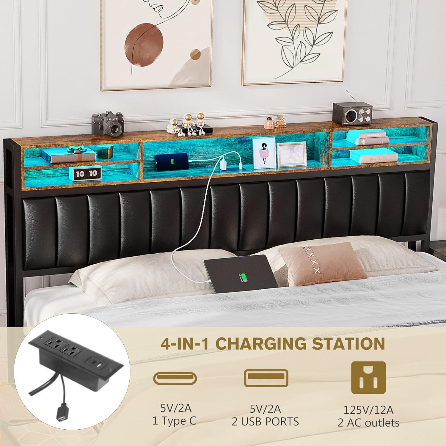 Kanchi Upholstered Metal Platform LED Bed Frame with 4 Storage Drawers and Bookcase Headboard, Black