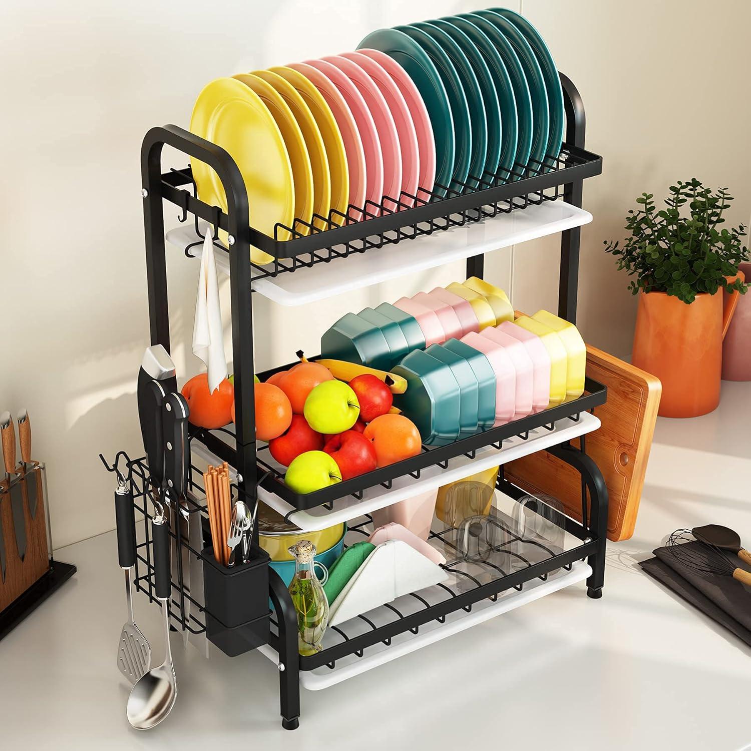 Cipaher Dish Drying Rack 3 Tier Dish Rack with Tray Utensil Holder Large Capacity for Kitchen Counter Organizer Storage