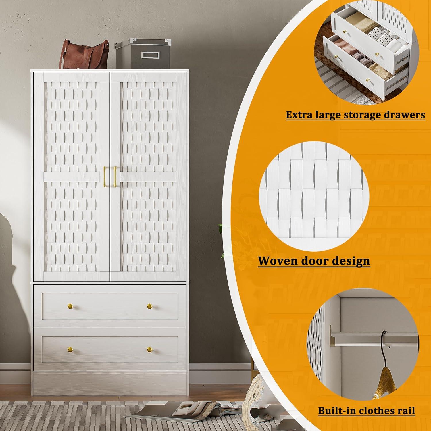 Everly Quinn Freestanding Armoire Wardrobe Closet with 2 Woven Doors