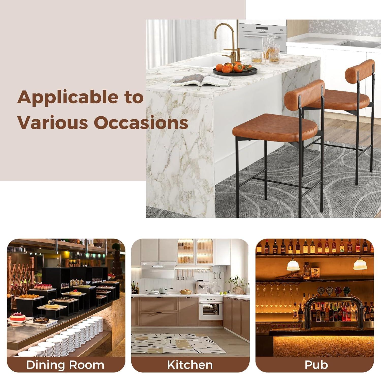 Giantex Counter Height Bar Stools Set of 2, 26 Inch Upholstered Bar Chairs with Back, Padded Cushion, Footrest, Metal Frame, Modern Faux Leather Barstools for Kitchen Island, Dining Room, Pub, Brown