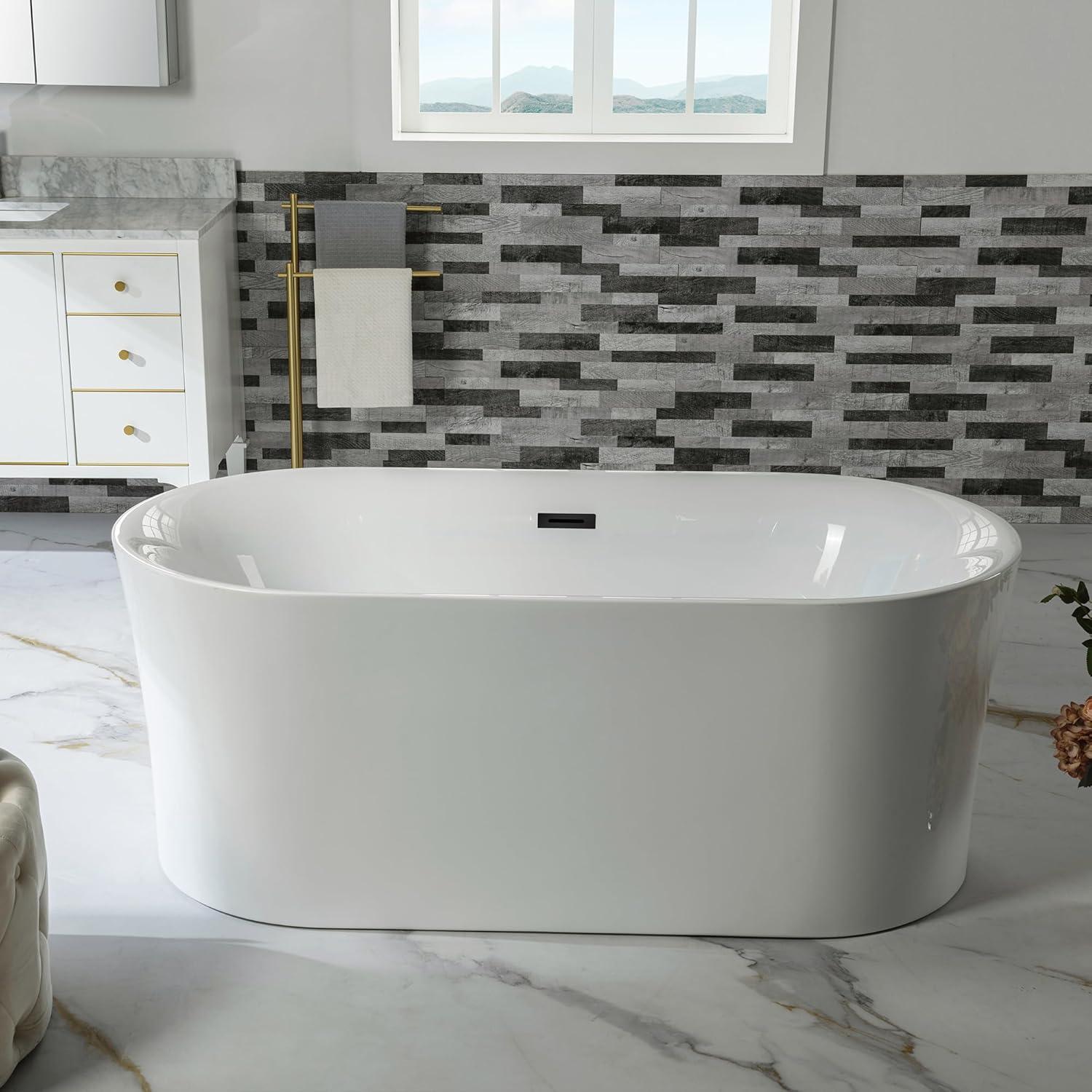 59" White Acrylic Freestanding Oval Bathtub with Matte Black Overflow