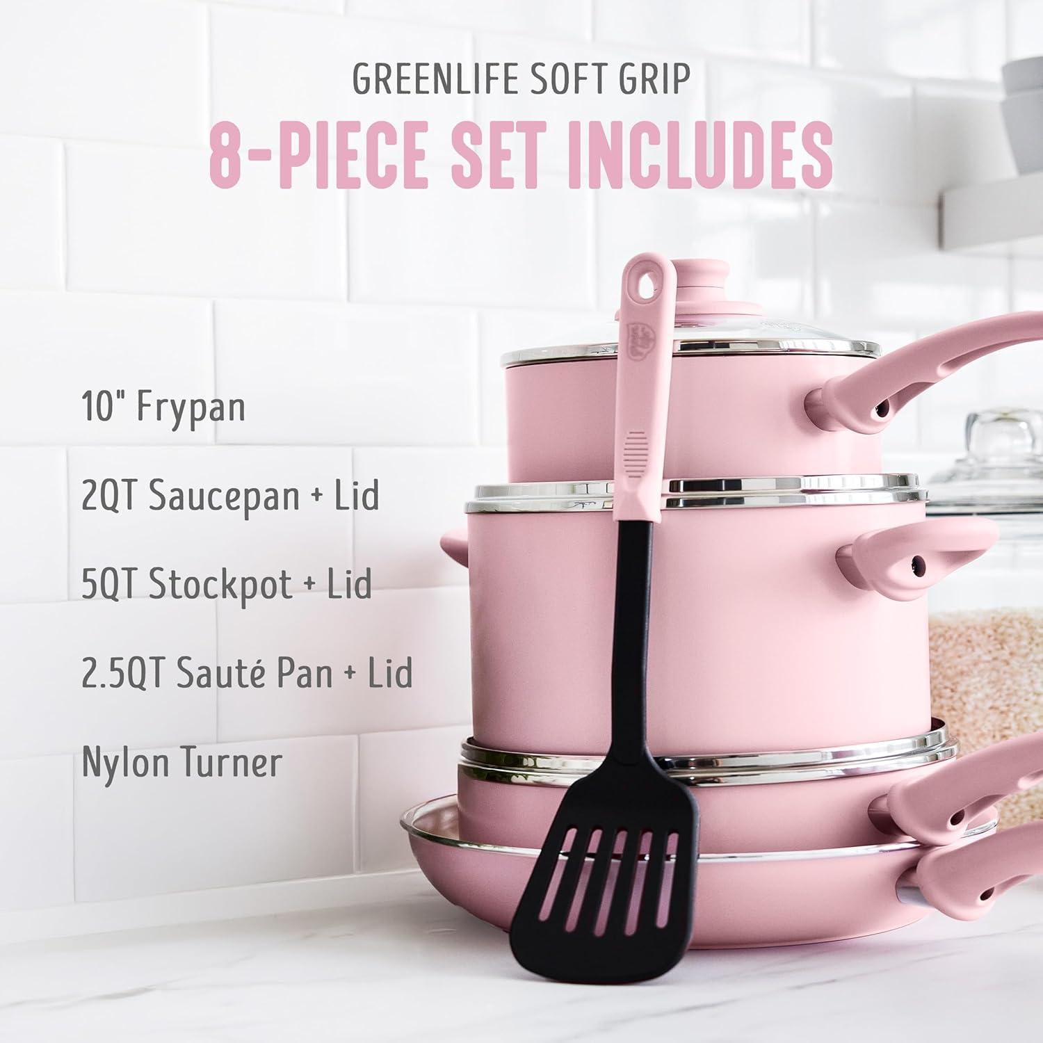 GreenLife 8 Piece Nonstick Cookware Set, Non-Toxic PFAS-Free Ceramic Pots & Pans, Dishwasher & Oven Safe, Frying, Sauce, Stock Pot, Glass Lids, Stay-Cool Handles, Wobble Free, Light Pink