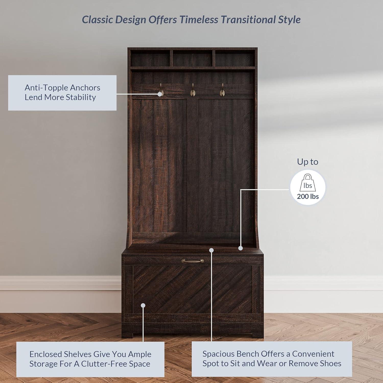 BELLEZE Entryway Hall Tree, Coat Rack, Storage Bench, 3-in-1 Design, Freestanding Shoe Rack - Hilo (Espresso)