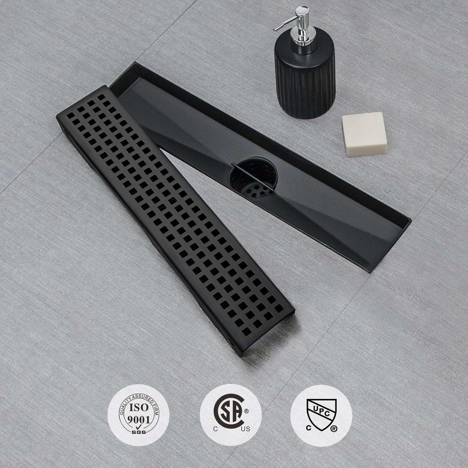 Black Shower Drain, Linear Shower Drain 12 Inch with Square Hole Panel, Matte Black Linear Drain with Hair Strainer and Leveling Feet