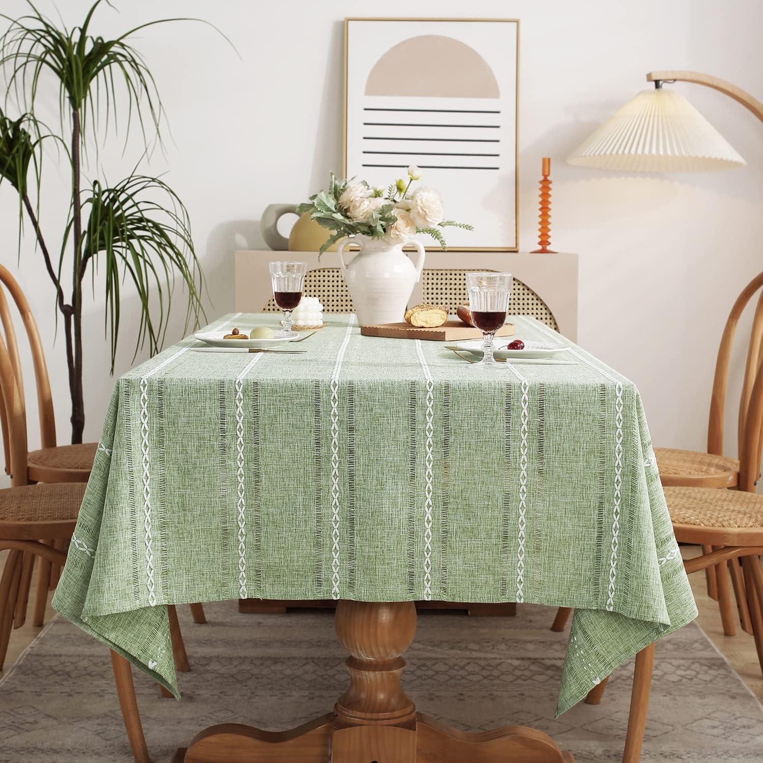 Sage Green Embroidered Cotton Linen Rectangular Tablecloth